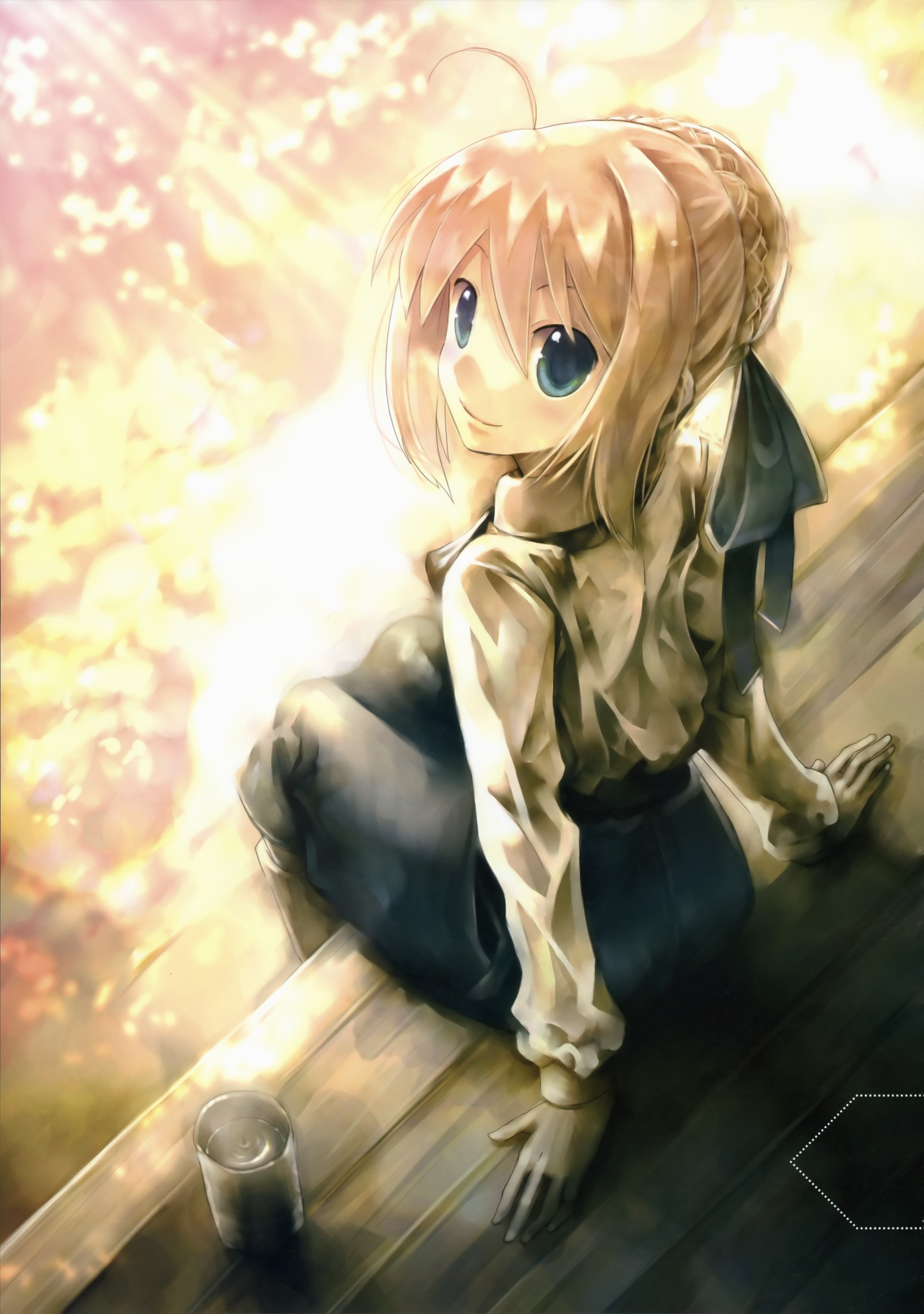 kei (keigarou), artoria pendragon (fate), saber (fate), fate/stay night, fate (series), absurdres, highres, 00s, 1girl, ahoge, aqua eyes, blonde hair, braid, female focus, hair bun, hair ribbon, outdoors, ribbon, single hair bun, smile, solo