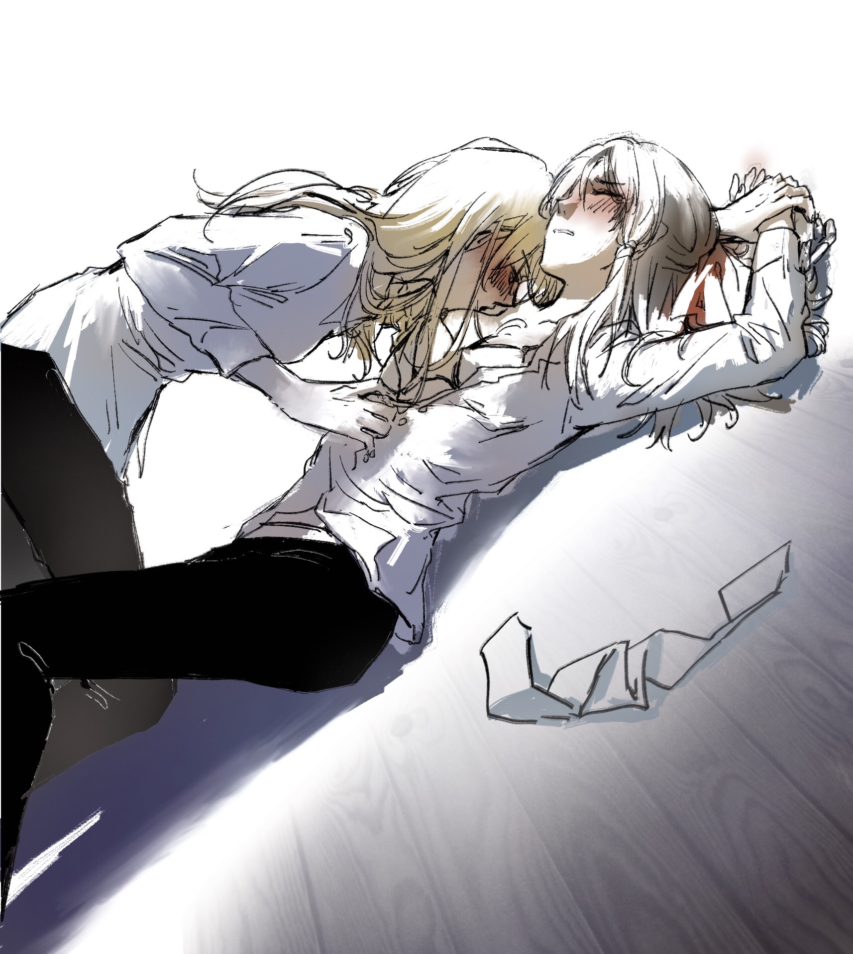 aihara-rina, hakurei reimu, kirisame marisa, touhou, chinese commentary, commentary request, highres, 2girls, black pants, blonde hair, blush, bra, bra pull, breast sucking, breasts, brown hair, cleavage, closed eyes, clothes pull, contemporary, hand grab, long hair, long sleeves, multiple girls, pants, partially unbuttoned, restrained, shirt, underwear, white bra, white shirt, yuri