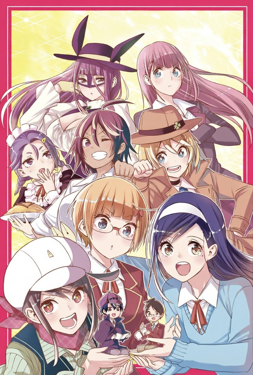 tsutsui taishi, elio evelyn, furuhashi fumino, kirisu mafuyu, kominami asumi, lulu chatnoir, ogata rizu, souffle flamberry, syd craft, takemoto uruka, yuiga nariyuki, bokutachi wa benkyou ga dekinai, syd craft no saishuu suiri, highres, third-party edit, 2boys, 6+girls, ahoge, aqua eyes, blonde hair, blue eyes, blush, braid, breasts, brown eyes, brown hair, chibi, cleavage, collared shirt, crossover, dark-skinned female, dark skin, dress shirt, female focus, food, glasses, green eyes, hair ornament, hairband, jewelry, long hair, maid, maid headdress, mask, matching hair/eyes, medium breasts, mole, mole under eye, multiple boys, multiple girls, neckerchief, necklace, omelet, one eye closed, orange hair, pink hair, purple eyes, purple hair, red hair, red neckerchief, shirt, short hair, short twintails, simple background, teacher, twintails