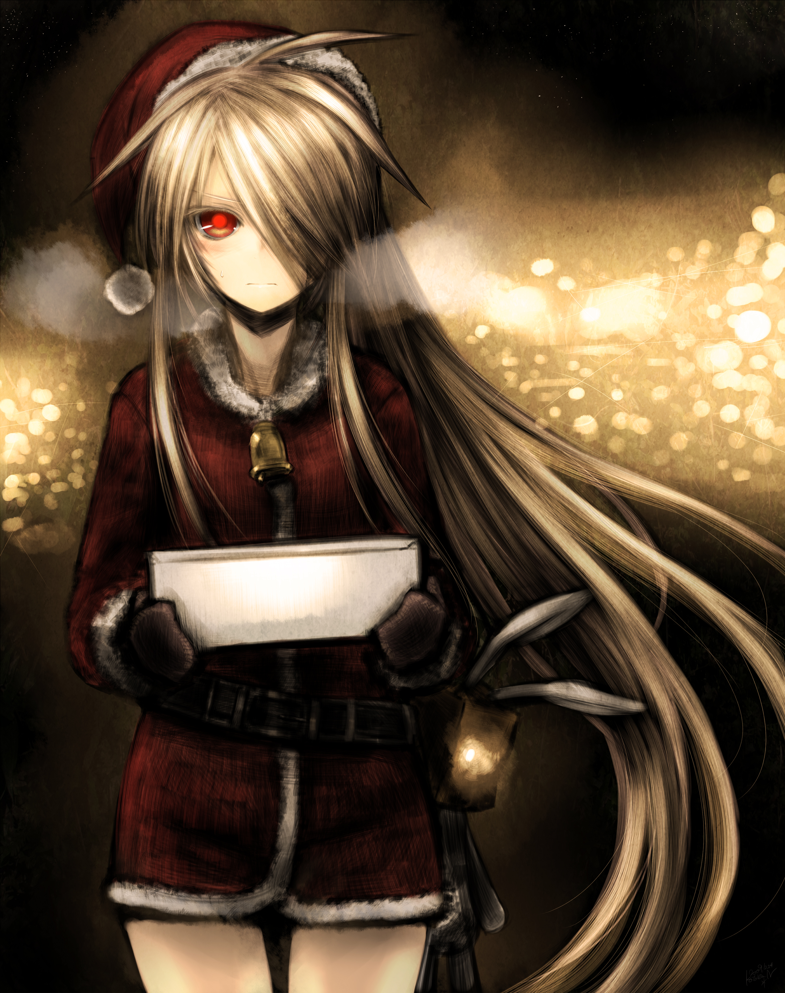 kotoba noriaki, hatamoto (kotoba), hinomaru (kotoba), original, absurdres, highres, 1girl, bell, blonde hair, blush, christmas, female focus, gift, gloves, hair over one eye, hat, holding, holding gift, long hair, missing eye, nichi no maru, red eyes, santa costume, santa hat, solo, stuffed animal, stuffed rabbit, stuffed toy, sweatdrop, very long hair