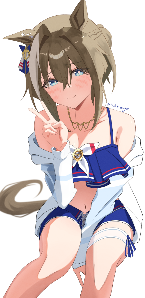 acht augen, cheval grand (summer calm navy drop) (umamusume), cheval grand (umamusume), umamusume, commentary request, 1girl, animal ears, bare shoulders, bikini, bikini shorts, blue bikini, blue eyes, blue swim trunks, blush, braid, breasts, brown hair, closed mouth, collarbone, hair between eyes, half up half down braid, heart, heart necklace, horse ears, horse girl, horse tail, jacket, jewelry, looking at viewer, multicolored hair, navel, necklace, official alternate costume, official alternate hairstyle, shorts, simple background, smile, solo, stomach, streaked hair, swimsuit, tail, v, white background, white streaks