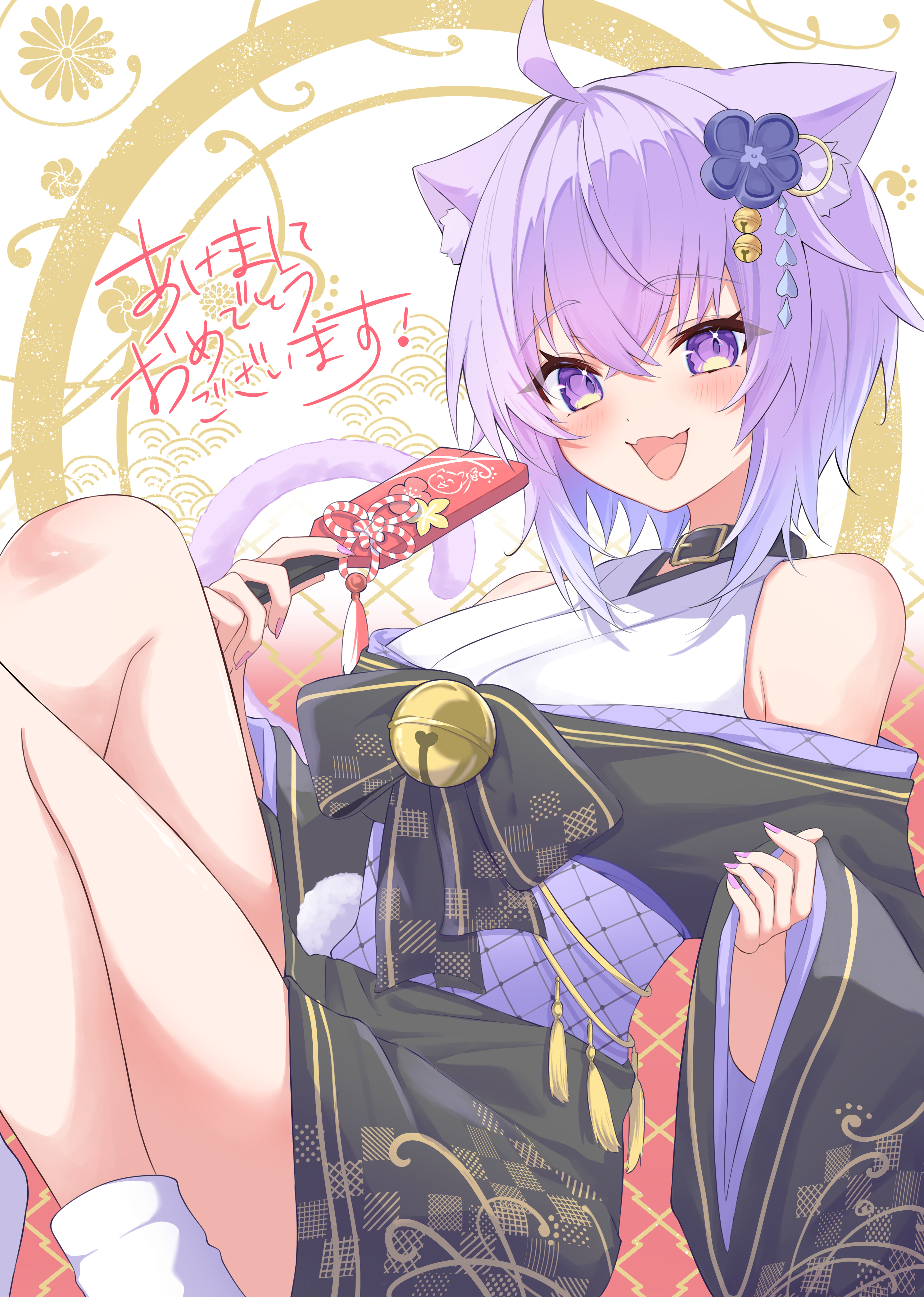 amaguri (guri 0330), nekomata okayu, hololive, absurdres, commentary request, highres, translation request, animal ears, bare shoulders, black kimono, breasts, cat ears, cat girl, fangs, japanese clothes, kimono, large breasts, new year, off shoulder, open mouth, purple eyes, purple hair, skin fangs, smile, virtual youtuber, white background