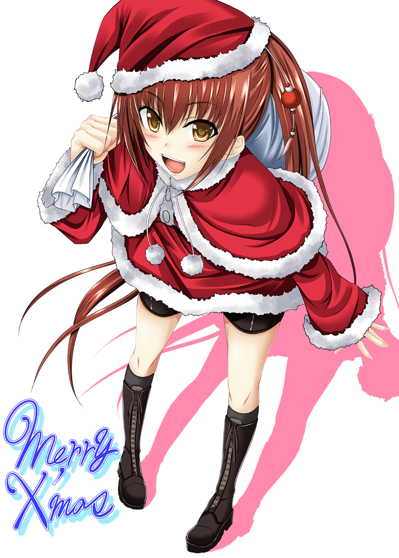 sakura kanawo, wagi, kawakami kazuko, maji de watashi ni koi shinasai!, 1girl, :d, bag, bike shorts, blush, boots, brown eyes, brown hair, buttons, capelet, christmas, coat, english text, female focus, fingernails, flat chest, from above, full body, fur trim, hair between eyes, hair ornament, hat, high heels, knee boots, kneehighs, latex, leaning forward, long fingernails, long hair, looking at viewer, looking up, open mouth, orange eyes, ponytail, sack, santa costume, santa hat, shadow, shiny clothes, shoes, shorts, sidelocks, smile, socks, solo, standing, turtleneck, very long hair, white background, wide sleeves