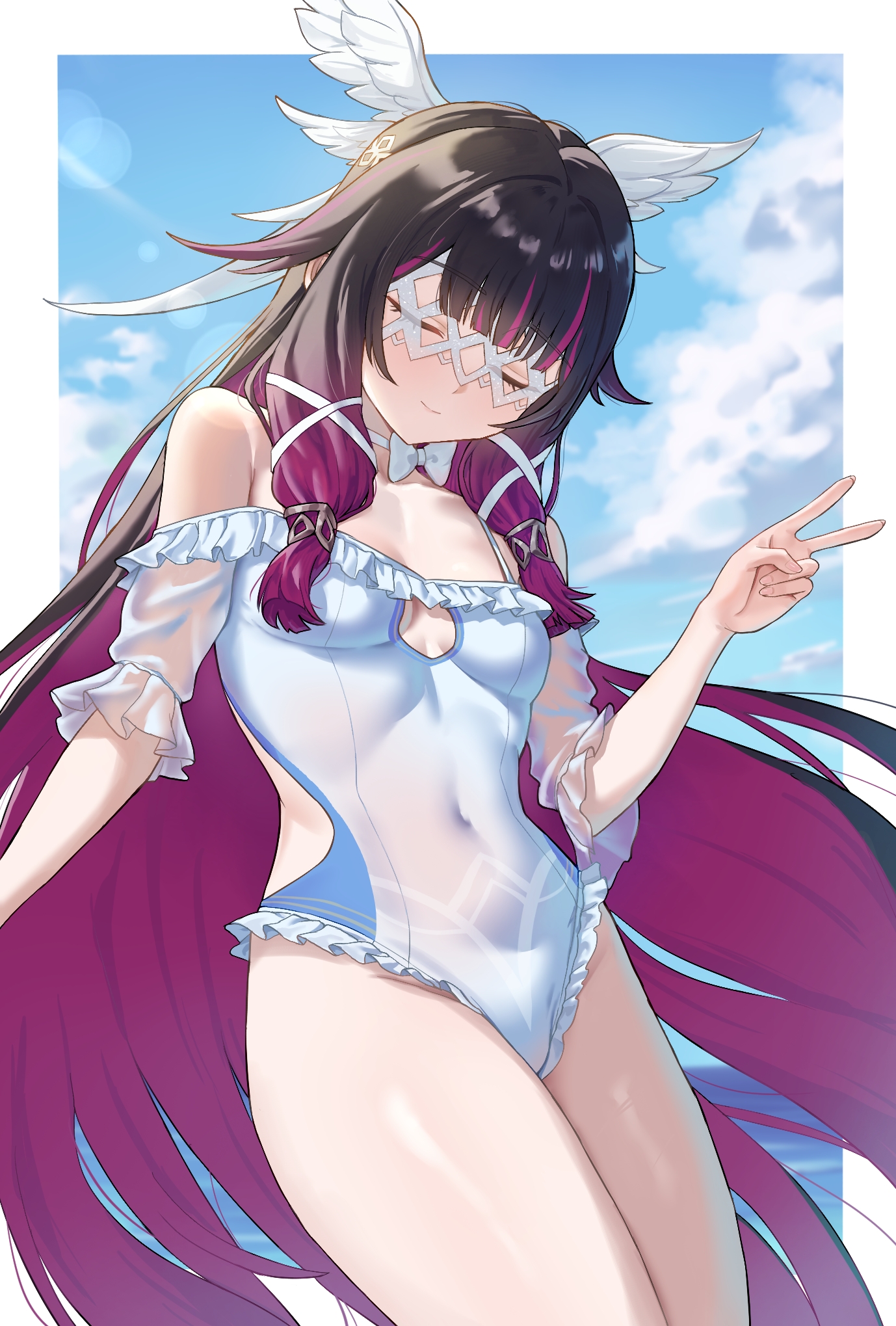 kadokadokado, columbina (genshin impact), genshin impact, commentary request, highres, 1girl, black hair, blue sky, blunt bangs, breasts, closed eyes, closed mouth, cloud, collarbone, colored inner hair, covered navel, day, gradient hair, highleg, highleg one-piece swimsuit, long hair, medium breasts, multicolored hair, one-piece swimsuit, outdoors, purple hair, sky, solo, swimsuit, two-tone hair, v, very long hair, white one-piece swimsuit