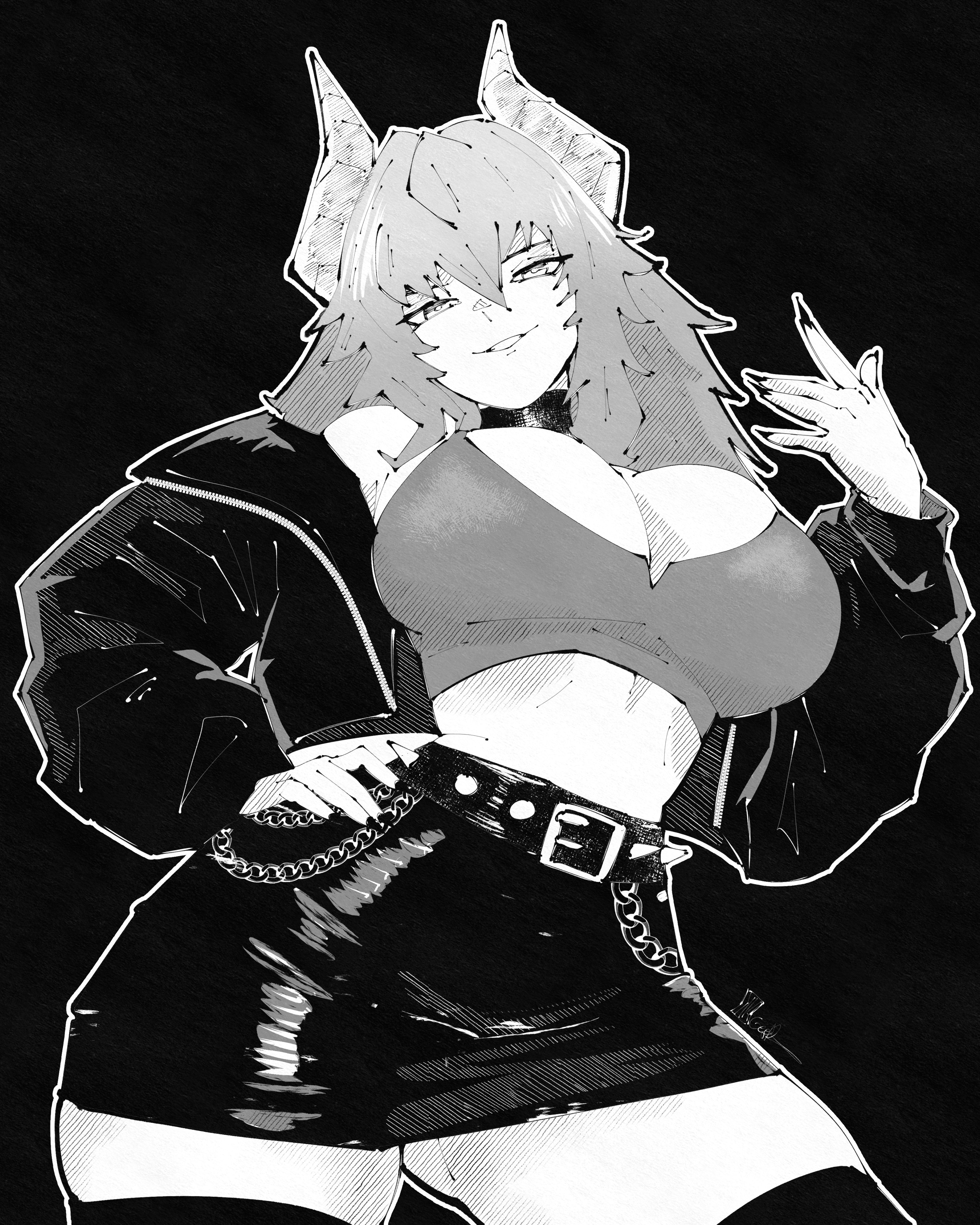 miregeist, zentreya, zentreya (dragon), zentreya (dragon) (metalheads), indie virtual youtuber, absurdres, highres, 1girl, belt, belt buckle, black background, breasts, buckle, cowboy shot, crop top, greyscale, hair between eyes, hand on own hip, hand up, horns, jacket, large breasts, long hair, long sleeves, looking at viewer, miniskirt, monochrome, parted lips, simple background, skirt, smile, solo, spiked belt, tank top