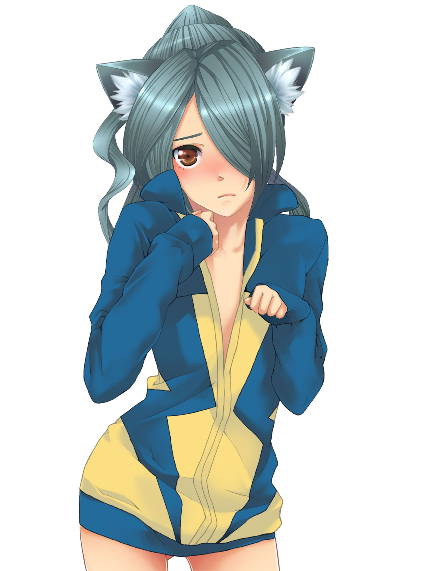 kazemaru ichirouta, inazuma eleven, inazuma eleven (series), highres, 00s, animal ears, blue hair, bottomless, cat ears, crossdressing, hair over one eye, solo, trap