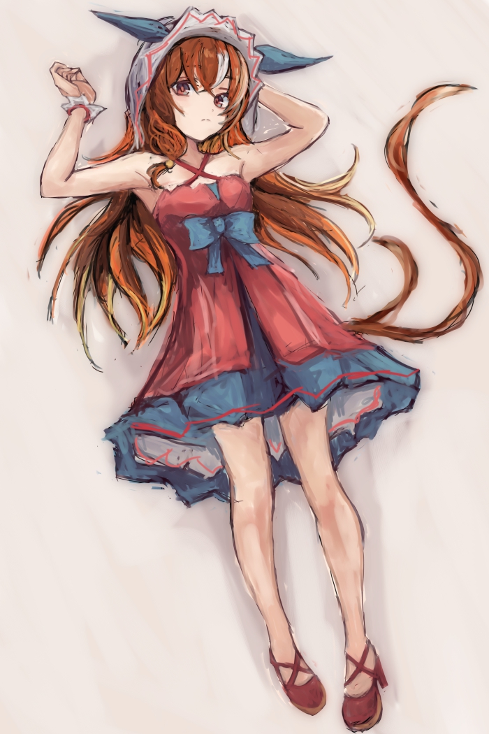 yanagi wakana, still in love (scarlet vow raiment) (umamusume), still in love (umamusume), umamusume, commentary request, 1girl, animal ears, bare shoulders, breasts, brown hair, closed mouth, dress, ear covers, hair between eyes, horse ears, horse girl, horse tail, long hair, looking at viewer, red dress, red eyes, shoes, simple background, sleeveless, sleeveless dress, small breasts, solo, tail, veil, white streaks, white veil