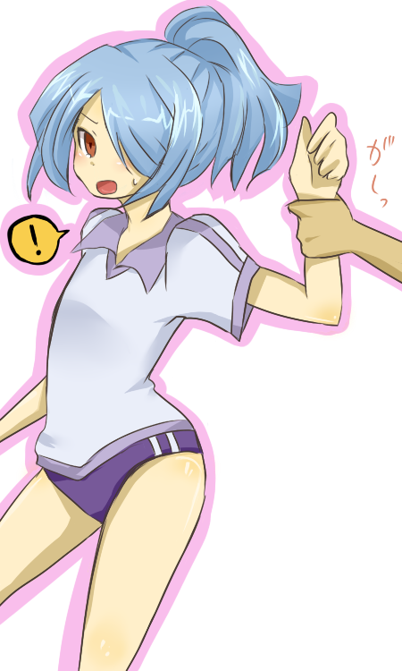 kazemaru ichirouta, inazuma eleven, inazuma eleven (series), arm grab, 00s, 1boy, blue hair, buruma, crossdressing, crossdressing (mtf), hair over one eye, male focus, shota, solo, trap
