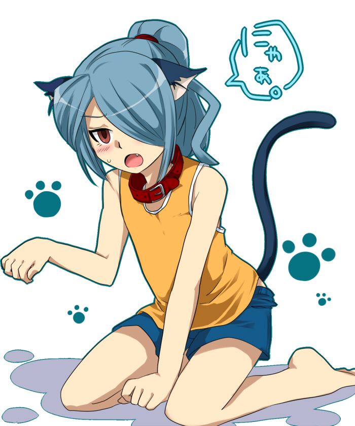 marimo danshaku, kazemaru ichirouta, inazuma eleven, inazuma eleven (series), bad id, bad pixiv id, 00s, 1boy, animal ears, barefoot, blue hair, blush, brown eyes, cat boy, cat ears, cat tail, child, collar, fang, full body, hair over one eye, long hair, male focus, paw pose, paw print, ponytail, shorts, simple background, solo, sweatdrop, tail, trap, white background