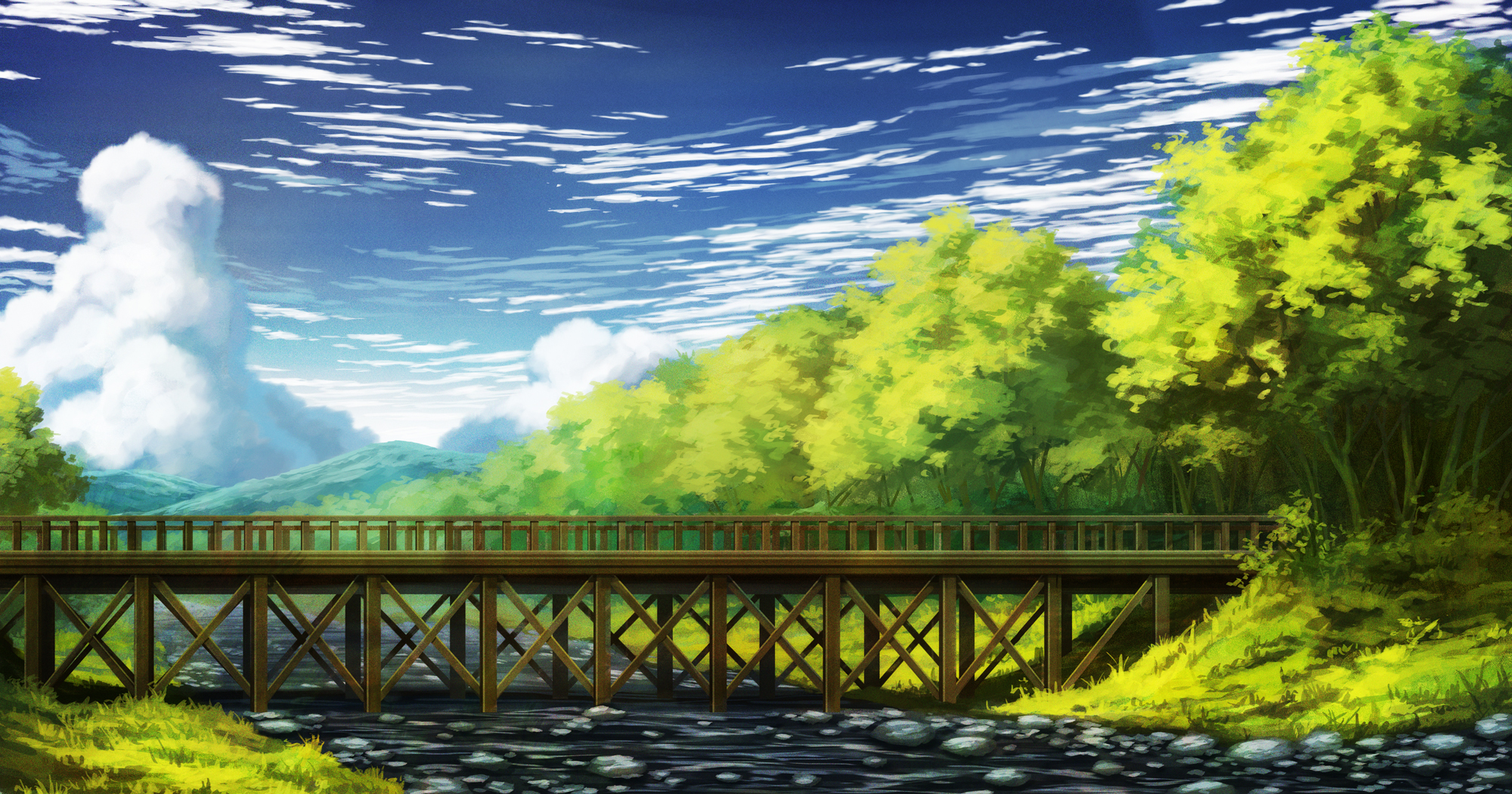 aoha (twintail), original, commentary request, highres, blue sky, bridge, cloud, cumulonimbus cloud, day, forest, grass, hill, nature, no humans, outdoors, river, rock, scenery, sky, tree, wooden bridge