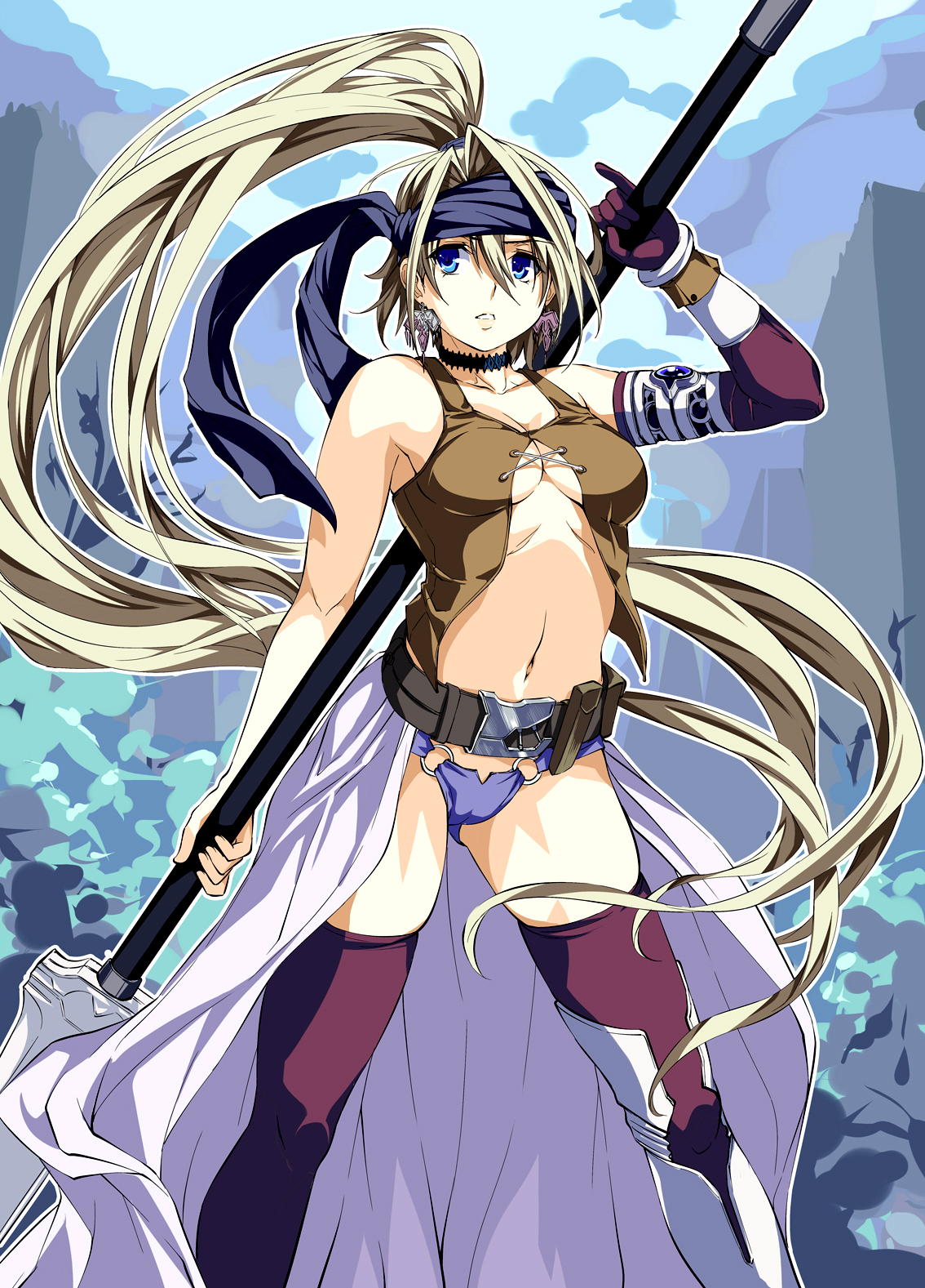hikapan, saeki shun, tosh (imonade ryouchou), original, highres, 1girl, blonde hair, blue eyes, breasts, earrings, elbow gloves, female focus, gloves, halberd, jewelry, large breasts, long hair, navel, polearm, ponytail, single glove, solo, standing, thighhighs, underboob, weapon