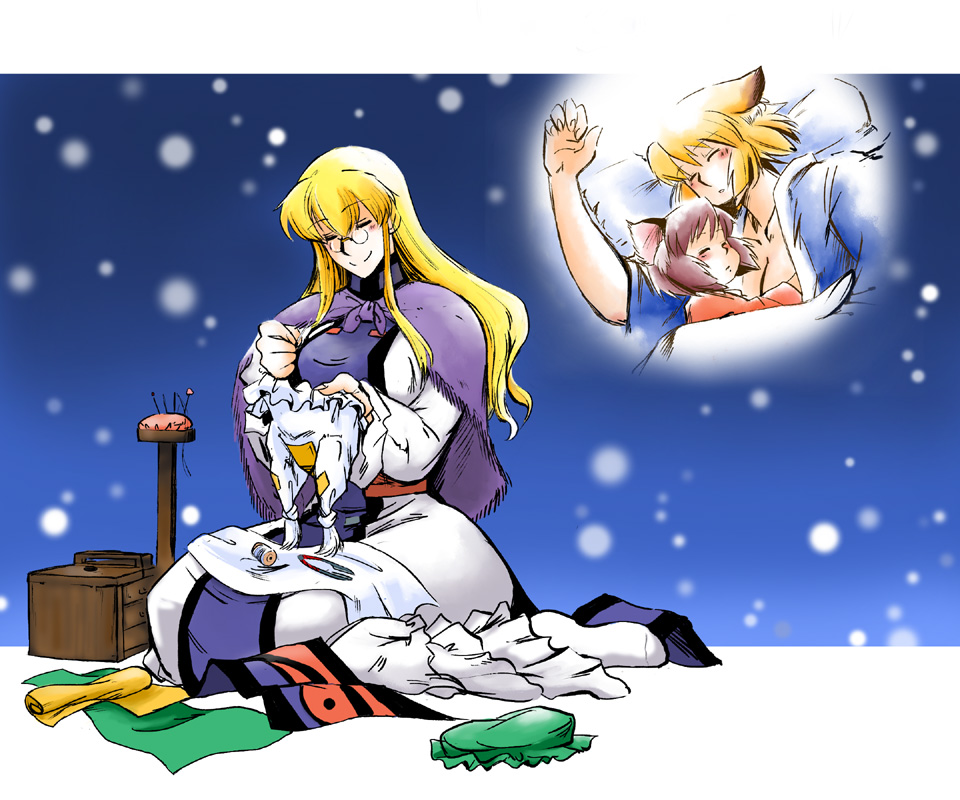 azuki osamitsu, chen, yakumo ran, yakumo yukari, touhou, 3girls, bespectacled, blonde hair, breasts, capelet, cleavage, closed eyes, female focus, glasses, large breasts, long hair, multiple girls, pincushion, round eyewear, sewing, sleeping, smile