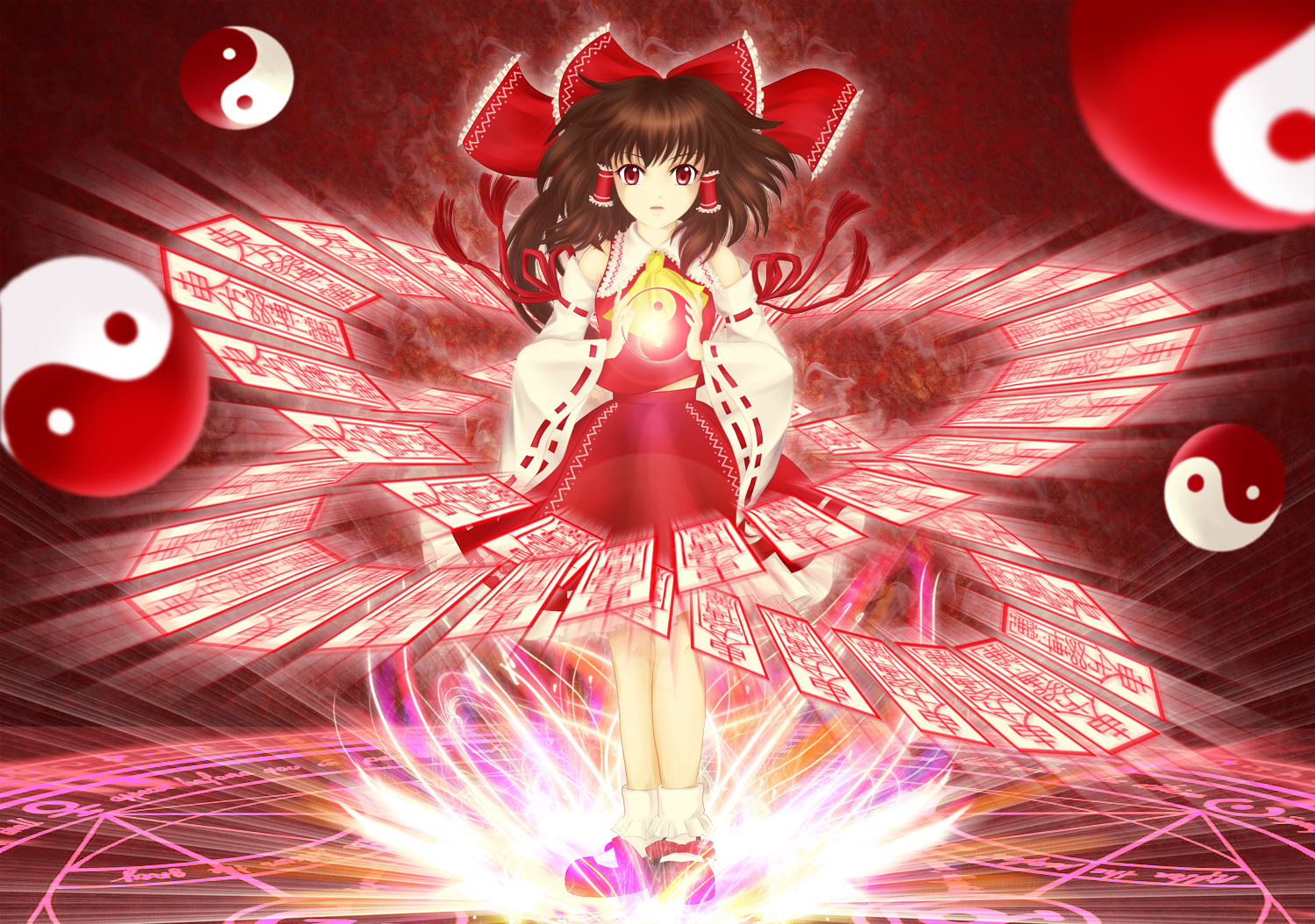 mikankoo, hakurei reimu, touhou, 1girl, bow, brown hair, danmaku, detached sleeves, female focus, hair bow, japanese clothes, magic circle, miko, red eyes, solo, yin yang