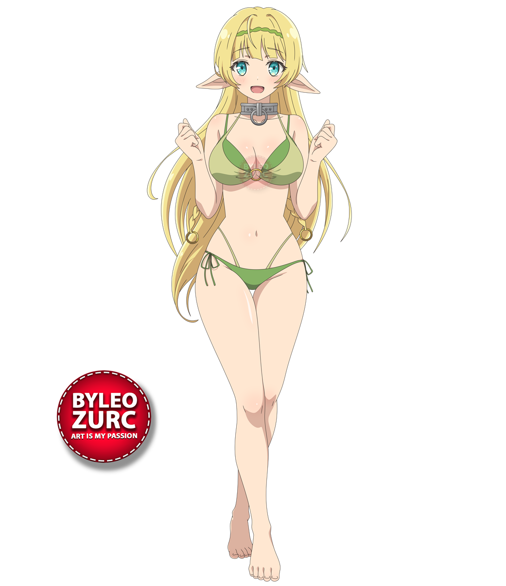 leozurcxxx, shera l. greenwood, isekai maou to shoukan shoujo no dorei majutsu, highres, 1girl, barefoot, blonde hair, bra, breasts, collar, elf, feet, long hair, panties, pointy ears, solo, swimsuit, toes, transparent background, underwear