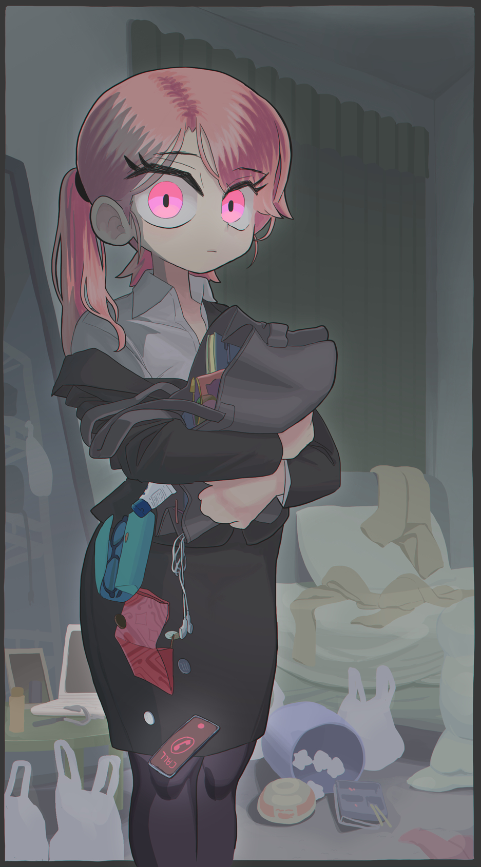 gashi-gashi, original, commentary, highres, symbol-only commentary, 1girl, bag, bed, black bag, bowl, cellphone, chopsticks, closed mouth, coin, computer, curtains, earbuds, earphones, eyelashes, eyes visible through hair, glasses, glasses case, holding, holding bag, hugging object, indoors, laptop, long eyelashes, long hair, looking at viewer, mirror, office lady, pantyhose, phone, pillow, pink eyes, pink hair, plastic bag, reflection, smartphone, solo, standing, table, trash can, used tissue, zipper pull tab