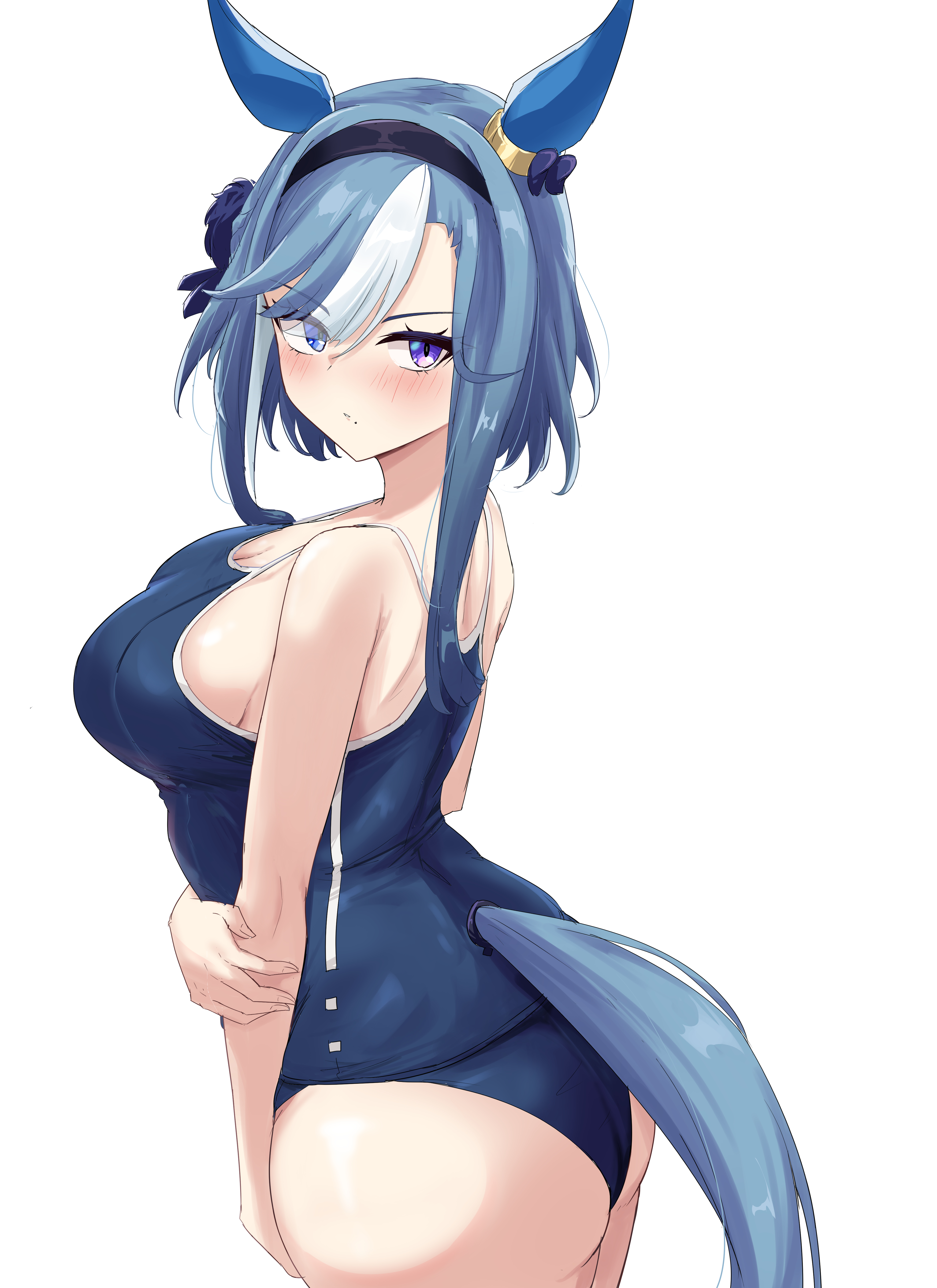 gryebooks, admire groove (umamusume), umamusume, absurdres, commentary request, highres, 1girl, animal ears, ass, black hairband, blue one-piece swimsuit, blush, breasts, closed mouth, hairband, horse ears, horse girl, horse tail, large breasts, multicolored hair, one-piece swimsuit, purple eyes, school swimsuit, sideboob, sidelocks, simple background, solo, streaked hair, swimsuit, tail, tracen swimsuit, white background, white hair