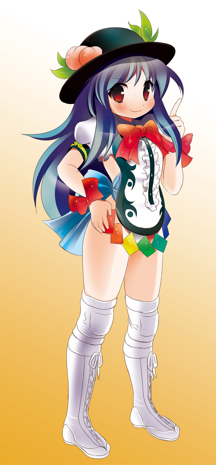 dei shirou, hinanawi tenshi, touhou, highres, 1girl, adapted costume, blue hair, boots, female focus, food, fruit, full body, gradient background, hat, long hair, orange background, peach, red eyes, solo, white boots