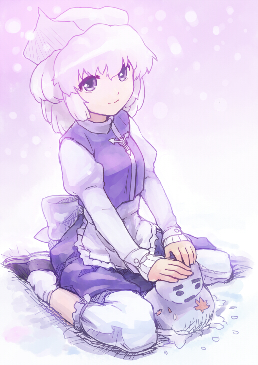 kaito (k4itoh), letty whiterock, touhou, bad id, bad pixiv id, 1girl, female focus, full body, gradient background, hat, kneeling, purple eyes, purple theme, shoes, short hair, sitting, smile, snow, snowman, socks, solo, v arms, wariza, white hair