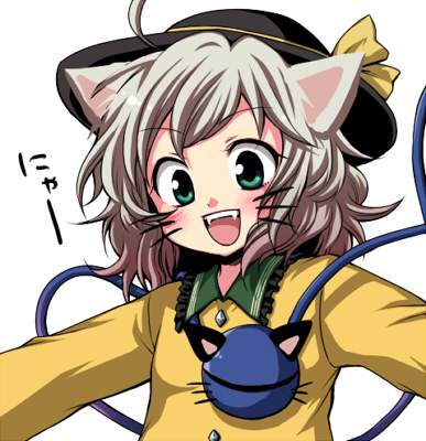 mokku, komeiji koishi, touhou, lowres, 1girl, animal ears, cat ears, cat girl, fangs, female focus, hat, kemonomimi mode, short hair, solo, whiskers