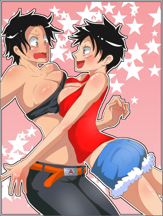 minsara, luffyko, monkey d. luffy, portgas d. ace, portgas d. anne, one piece, 2girls, belt, black hair, breast press, breasts, brown eyes, brown hair, cleavage, freckles, genderswap, genderswap (mtf), incest, large breasts, midriff, multiple girls, navel, scar, short hair, short shorts, shorts, siblings, sisters, star (symbol), surprised, symmetrical docking