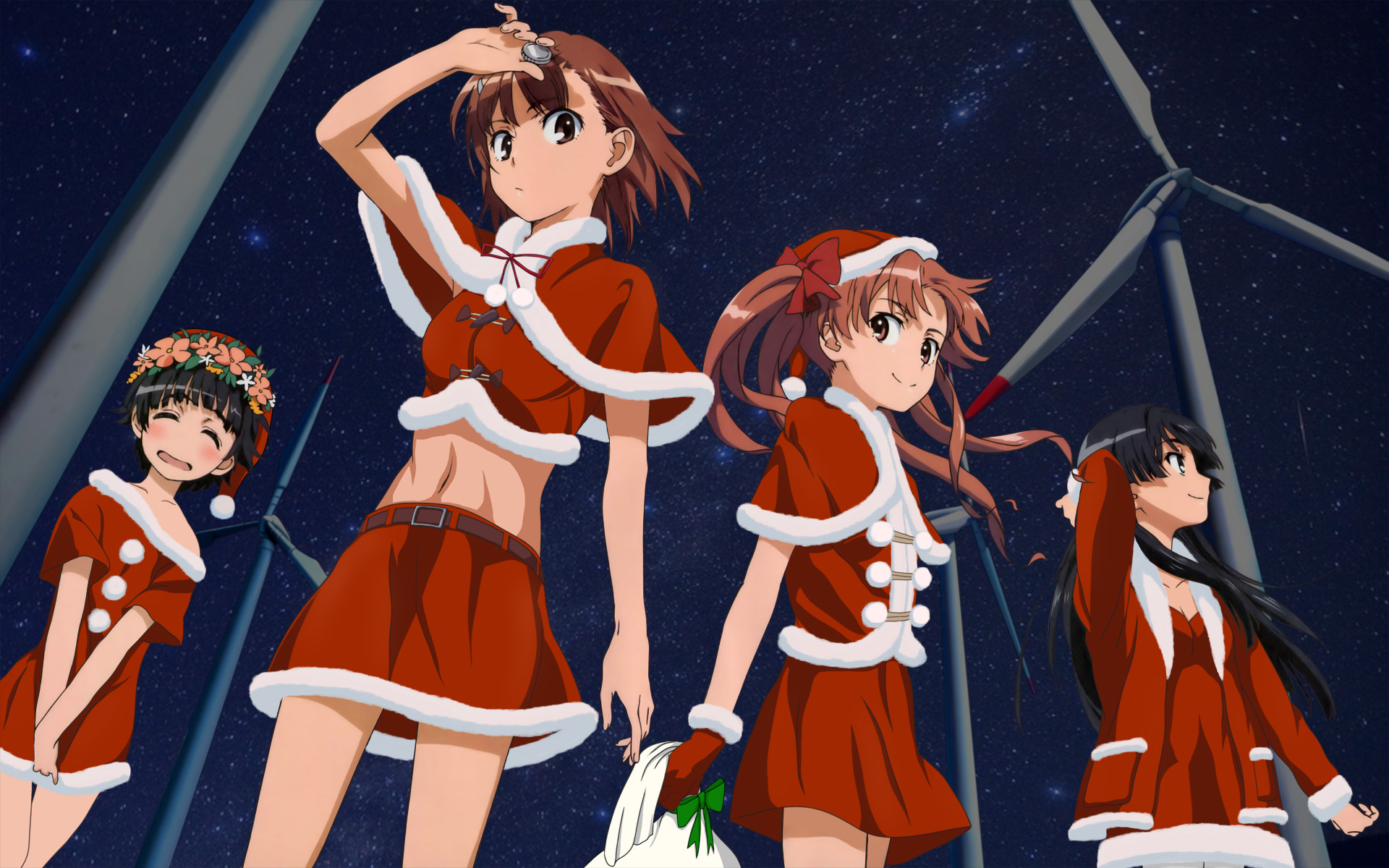 yamashita yuu, misaka mikoto, saten ruiko, shirai kuroko, uiharu kazari, toaru kagaku no railgun, toaru majutsu no index, derivative work, highres, third-party edit, 00s, 4girls, head wreath, multiple girls, santa costume, sky, star (sky), star (symbol), starry sky, wind turbine, windmill