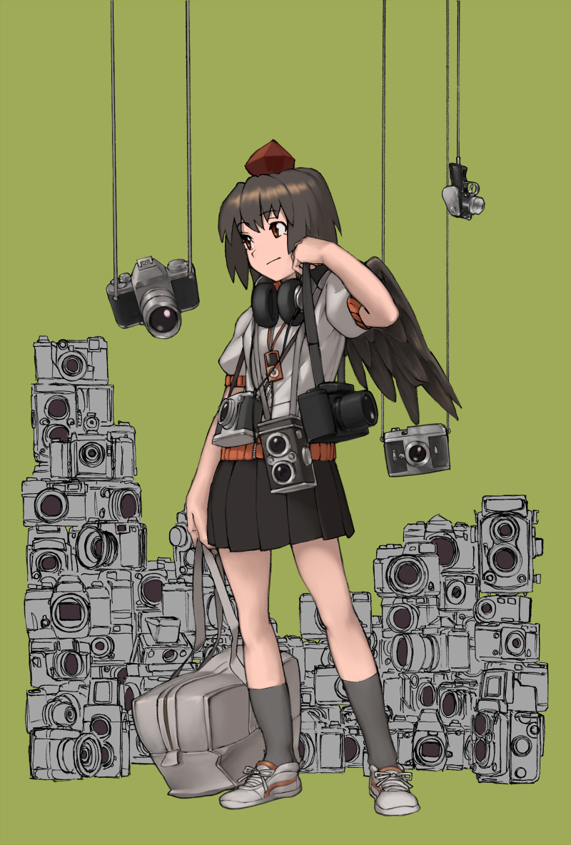 chibi maru, shameimaru aya, touhou, looking away, bad id, bad pixiv id, 1girl, adapted costume, black wings, camera, expressionless, female focus, hat, headphones, headphones around neck, ipod, ipod nano, ipod nano 4g, light smile, mp3 player, solo, tokin hat, twin-lens reflex camera, wings