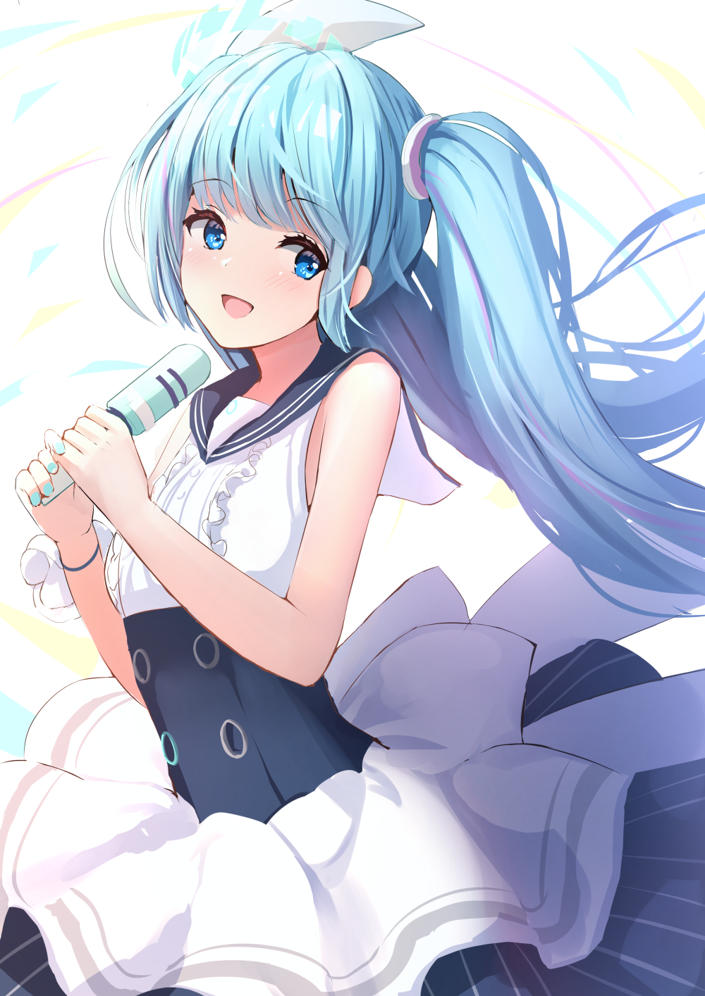 manda (manda9n), hatsune miku, hatsune miku (blue archive), blue archive, vocaloid, commentary request, highres, 1girl, aqua eyes, aqua hair, aqua halo, black sailor collar, blush, bow, breasts, center frills, dress, frilled dress, frills, hair between eyes, hair ornament, halo, holding, holding microphone, long hair, medium breasts, microphone, multicolored hair, open mouth, pink hair, sailor collar, skirt, sleeveless, sleeveless dress, smile, solo, streaked hair, tilted halo, twintails, upper body, very long hair, white dress, white skirt