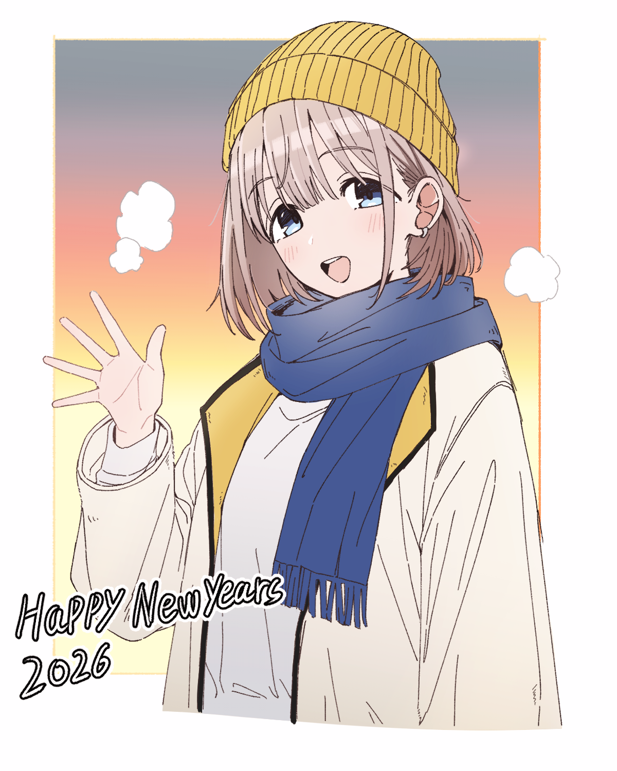 qaqyes re, serizawa asahi, idolmaster, idolmaster shiny colors, commentary, highres, 1girl, 2026, beanie, blue eyes, blue scarf, blush, cropped torso, grey hair, happy new year, hat, jacket, long sleeves, looking at viewer, new year, open clothes, open jacket, open mouth, scarf, short hair, smile, solo, waving, white jacket, yellow hat