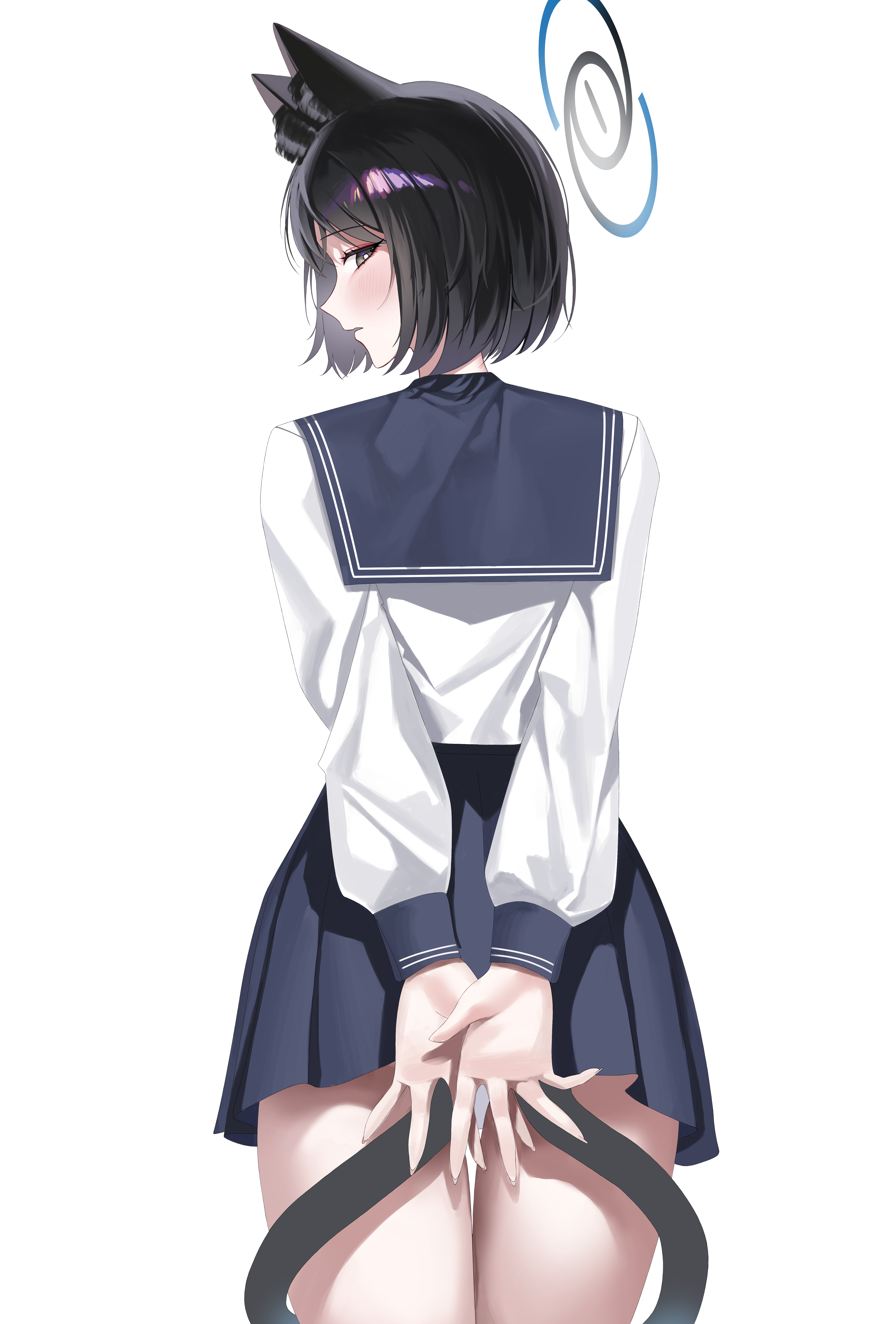 kirat kr, kikyou (blue archive), blue archive, absurdres, commentary, highres, 1girl, animal ear fluff, animal ears, arms behind back, black eyes, black hair, blue halo, blue sailor collar, blue skirt, blush, cat ears, cat girl, cat tail, from behind, halo, open mouth, sailor collar, shirt, short hair, skirt, solo, tail, white shirt