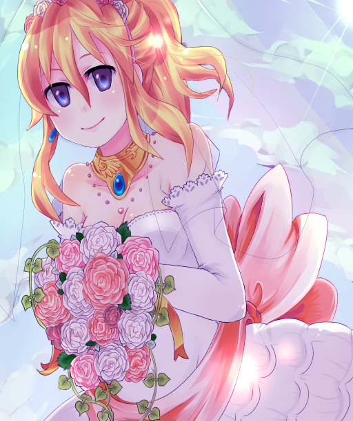 hira, ushiromiya jessica, umineko no naku koro ni, 00s, 1girl, bare shoulders, blonde hair, bouquet, bride, dress, earrings, elbow gloves, female focus, flower, gloves, jewelry, necklace, ponytail, solo, strapless, strapless dress, wedding dress