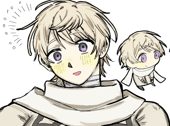 russia (hetalia), axis powers hetalia, 1boy, bandaged neck, bandages, black boots, black pants, blonde hair, blush, boots, chibi, chibi inset, closed mouth, coat, collared coat, full body, hair between eyes, long sleeves, looking at viewer, looking to the side, male focus, medal, multiple views, notice lines, open mouth, pants, pinkorojuice, purple eyes, scarf, short hair, simple background, sitting, smile, star ornament, upper body, white background, white coat, white scarf, wide-eyed