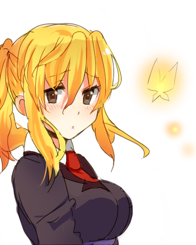 hira, ushiromiya jessica, umineko no naku koro ni, bad id, bad pixiv id, lowres, 00s, 1girl, blonde hair, blush, breasts, bug, butterfly, female focus, insect, necktie, ponytail, solo, upper body