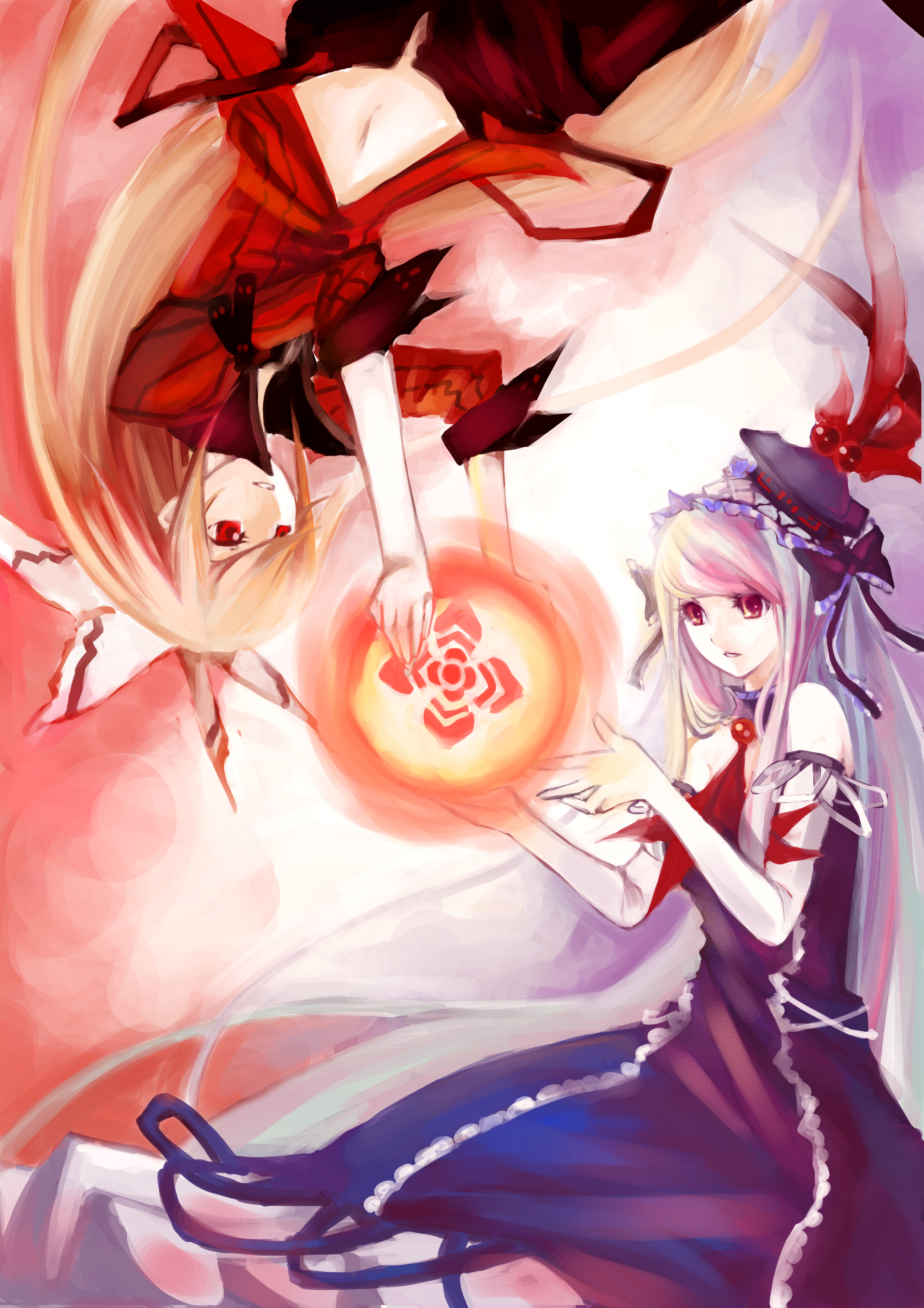 ll.ee., fujiwara no mokou, kamishirasawa keine, touhou, silver hair, absurdres, highres, 2girls, bow, female focus, fire, hair bow, hat, long hair, multiple girls, red eyes