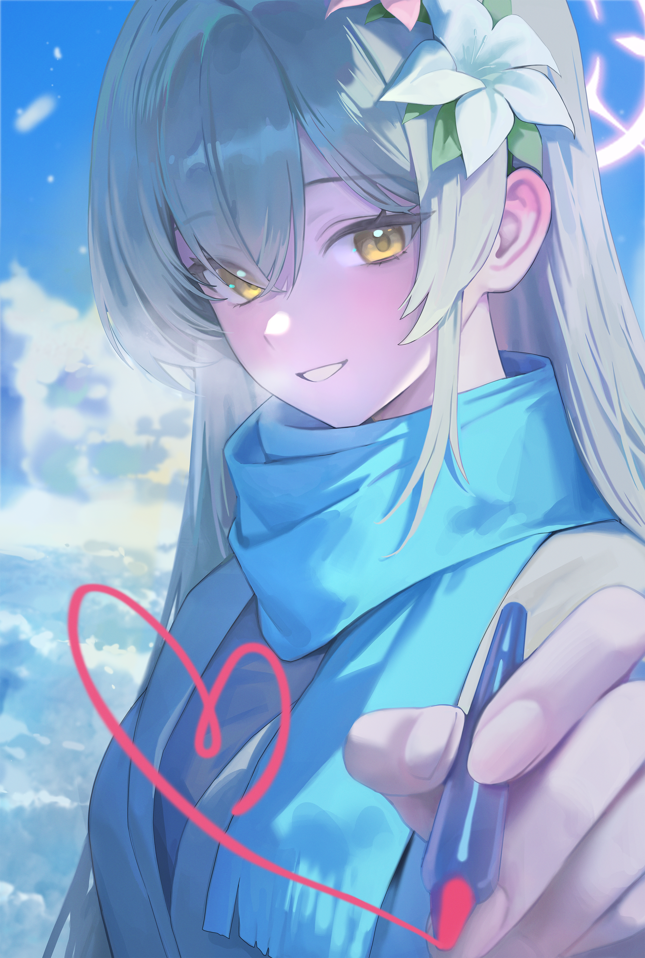 ori (0rizuru), nagisa (blue archive), blue archive, absurdres, commentary, highres, 1girl, alternate costume, blue scarf, blue sky, blush, breath, brown hair, drawing on fourth wall, ear blush, flower, hair between eyes, hair flower, hair ornament, heart, holding, holding marker, long hair, looking at viewer, marker, scarf, sky, smile, solo, upper body, white flower, winter clothes, yellow eyes
