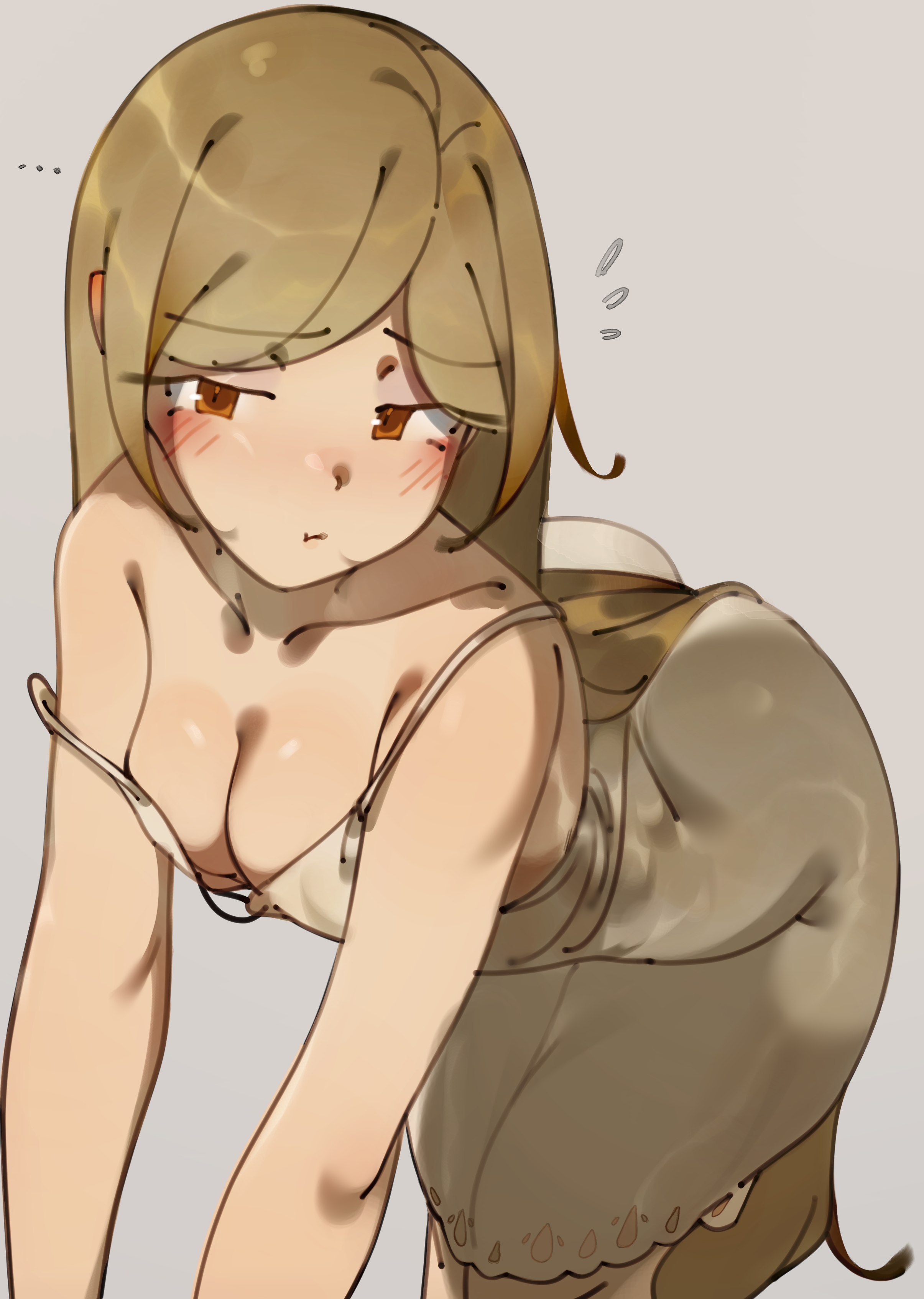 deko morii, oshino shinobu, bakemonogatari, kizumonogatari, monogatari (series), absurdres, commentary, english commentary, highres, 1girl, all fours, ass, blong, blush, breasts, camisole, cleavage, collarbone, grey background, leaning forward, long hair, looking at viewer, medium breasts, off shoulder, parted bangs, pout, red eyes, simple background, solo, vampire