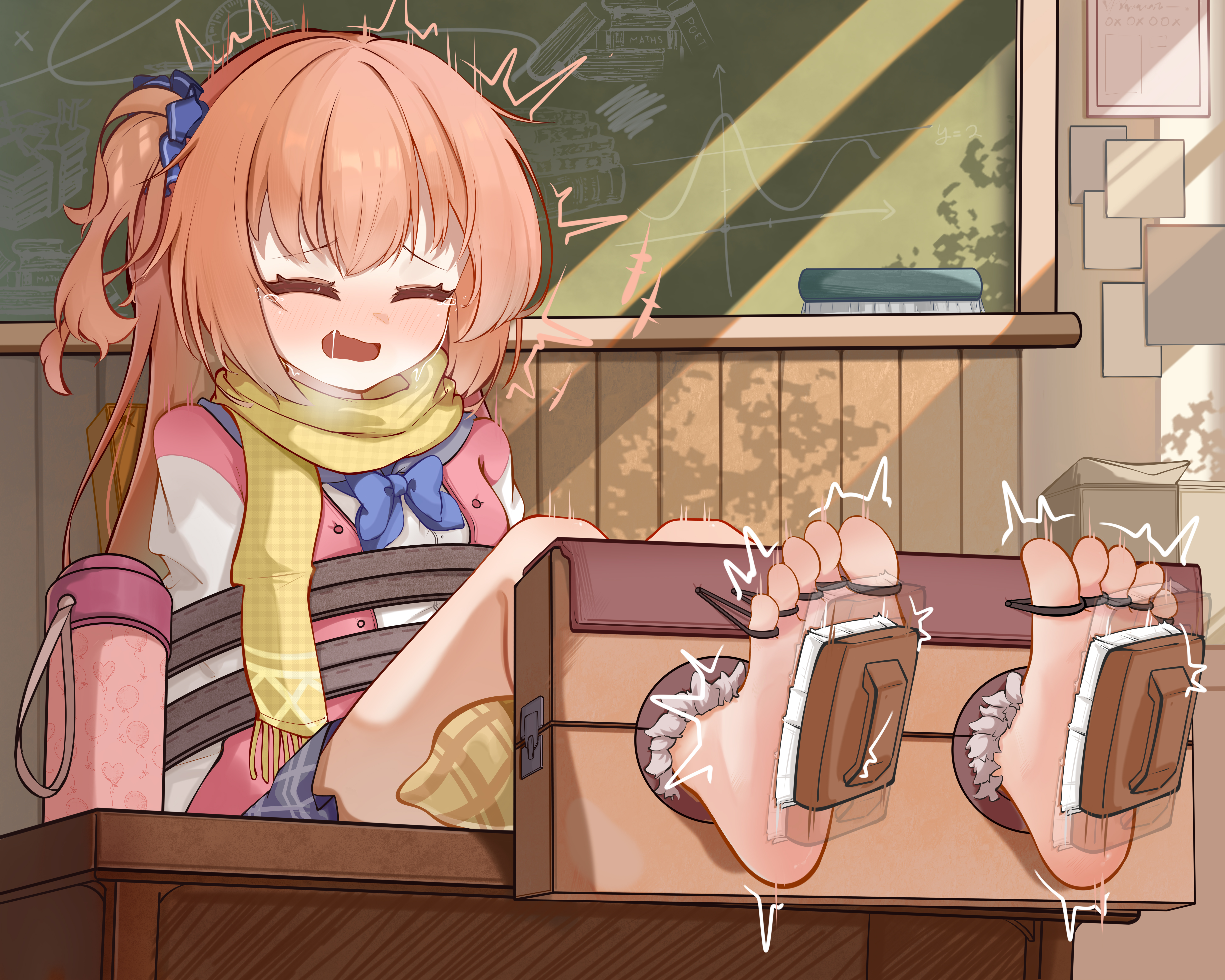 inaba meguru, sanoba witch, absurdres, chinese commentary, commentary request, highres, large variant set, variant set, +++, 1girl, :d, ^^^, ^ ^, afterimage, banbanban li, barefoot, black scrunchie, blue bow, blue bowtie, blush, bound, bound ankles, bound toes, bow, bowtie, breath, classroom, closed eyes, day, facing viewer, fang, feet, foot focus, full body, furrowed brow, grey skirt, hair between eyes, hair ornament, hair scrunchie, holding another's foot, indoors, jacket, knees up, laughing, long hair, miniskirt, motion lines, nose blush, one side up, open mouth, orange hair, pink jacket, plaid clothes, plaid scarf, plaid skirt, pleated skirt, red eyes, restrained, saliva, scarf, school uniform, scrub brush, scrunchie, sidelighting, sidelocks, sitting, skin fang, skirt, smile, soles, solo, tearing up, tears, tickling, tickling feet, toes, twitching, white sleeves, window shadow, yellow scarf