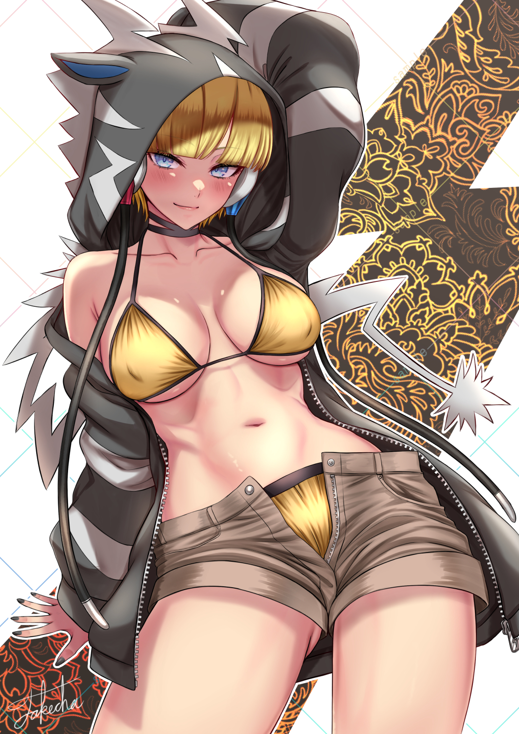 takecha, elesa (pokemon), zebstrika, nintendo, pokemon, pokemon bw, commentary request, highres, 1girl, bikini, black jacket, blonde hair, blue eyes, blunt bangs, breasts, breasts apart, brown shorts, cable, collarbone, cosplay, covered erect nipples, earphones, gen 5 pokemon, gluteal fold, hood, hooded jacket, hoodie, jacket, jacket over swimsuit, kigurumi, medium breasts, navel, shorts, solo, swimsuit, thighs, yellow bikini