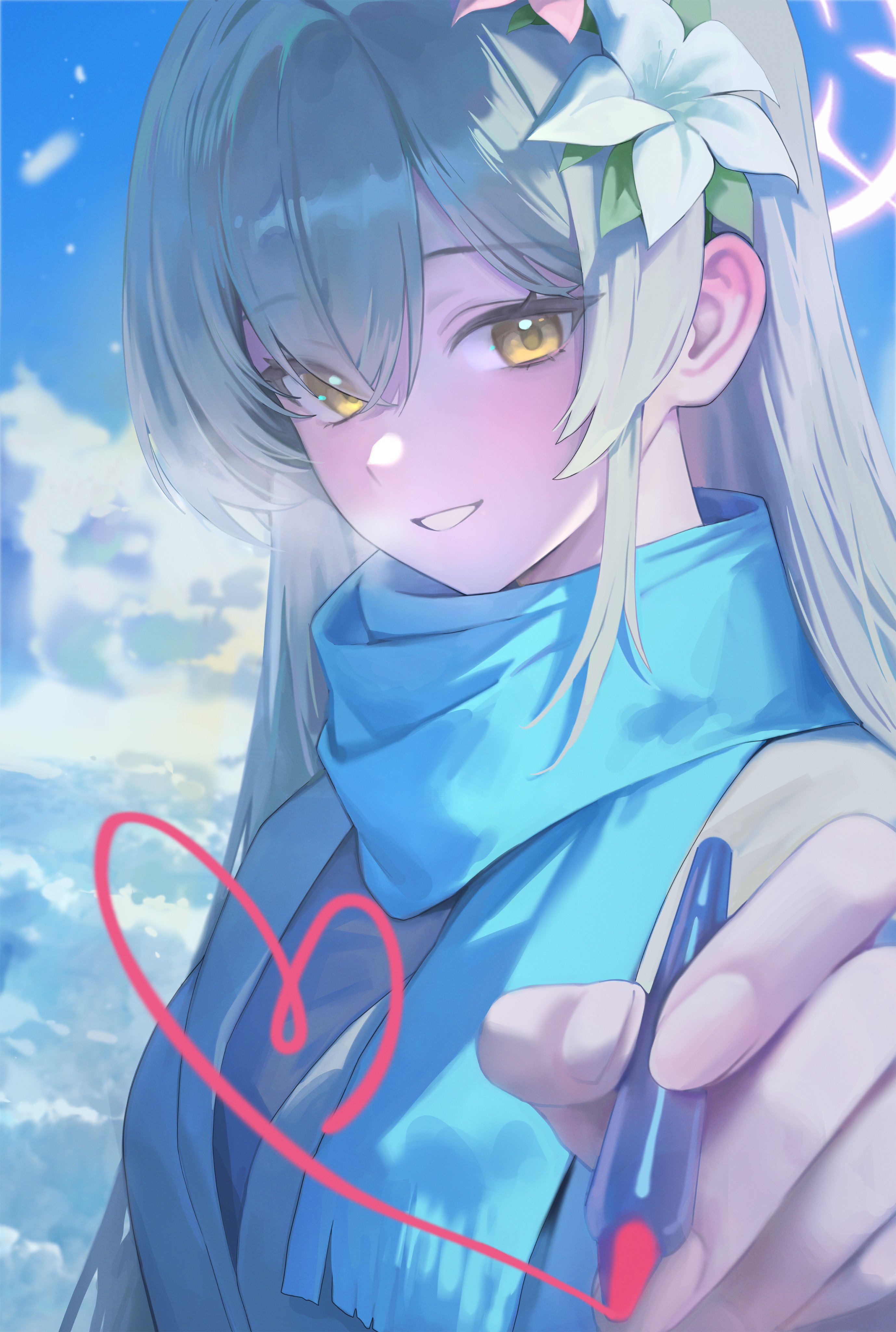 ori (0rizuru), nagisa (blue archive), blue archive, absurdres, commentary, highres, 1girl, alternate costume, blue scarf, blue sky, blush, breath, brown hair, drawing on fourth wall, ear blush, flower, hair between eyes, hair flower, hair ornament, heart, holding, holding marker, long hair, looking at viewer, marker, scarf, sky, smile, solo, upper body, white flower, winter clothes, yellow eyes