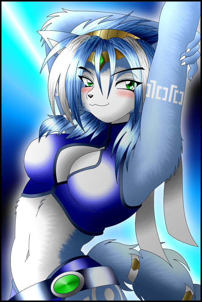krystal, deviantart, nintendo, star fox, alvin-earthworm, arms up, blue hair, blush, breasts, cleavage, cleavage cutout, furry, green eyes, looking at viewer, midriff, naughty face, solo