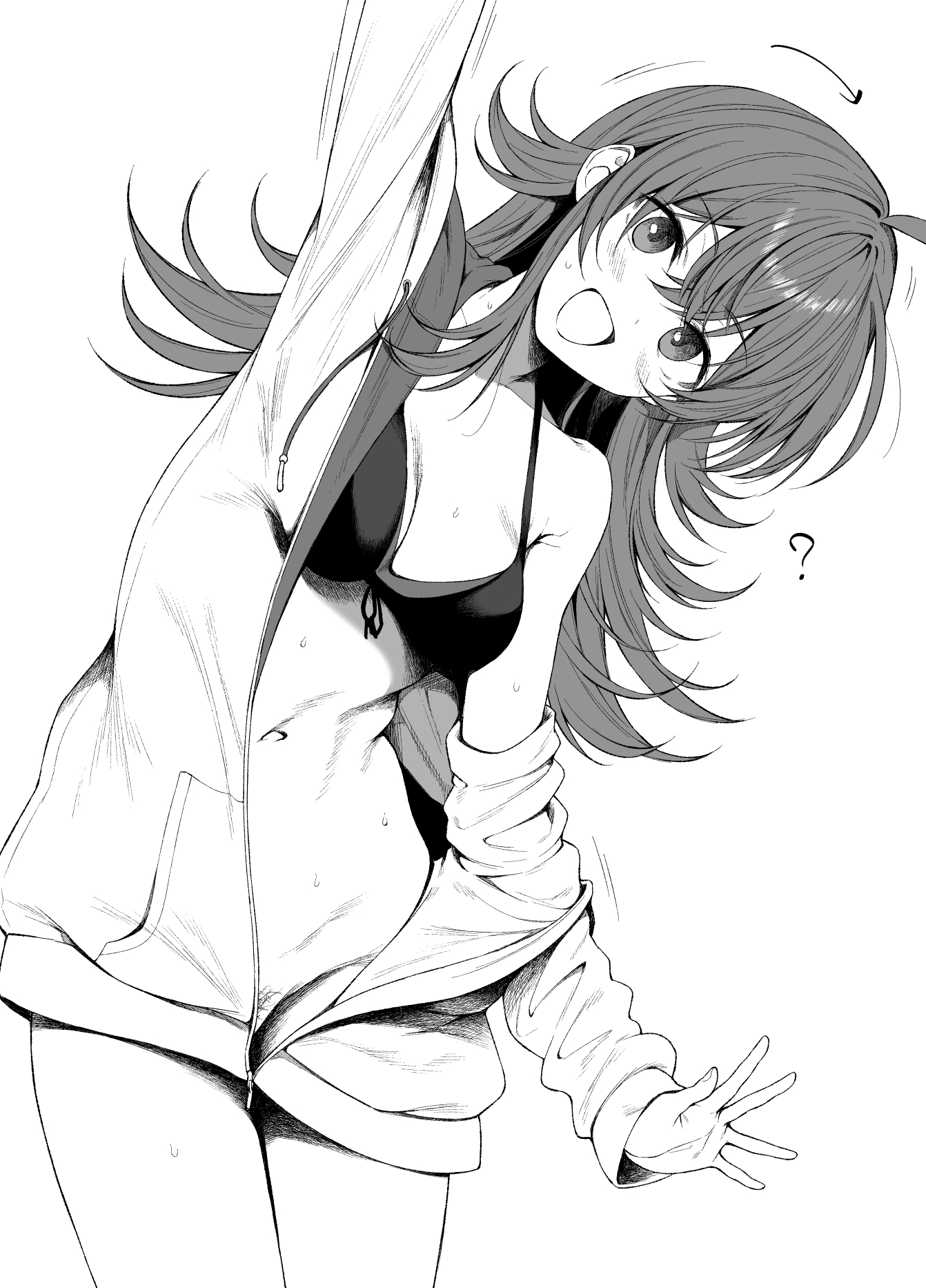 daiji pt, komiya kaho, idolmaster, idolmaster shiny colors, highres, revision, 1girl, ?, ahoge, arm up, armpit crease, arrow (symbol), bikini, bikini top only, blush, bottomless, breasts, cleavage, cowboy shot, female pubic hair, greyscale, groin, jacket, leaning to the side, light blush, long hair, looking at viewer, monochrome, motion lines, navel, off shoulder, open mouth, pubic hair, sidelocks, simple background, single bare shoulder, small breasts, smile, solo, standing, swimsuit, waving, wet