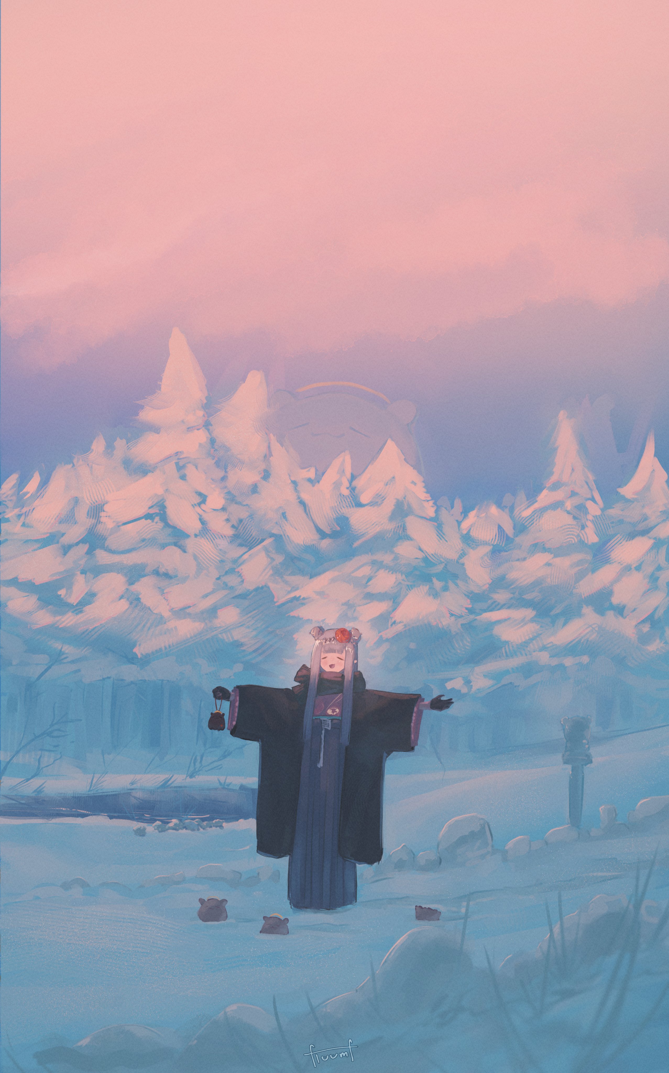 floomf, ninomae ina'nis, ninomae ina'nis (new year), takodachi (ninomae ina'nis), hololive, hololive english, absurdres, commentary, highres, 1girl, black gloves, black haori, black scarf, blunt bangs, closed eyes, diamond hairband, double bun, flower, forest, furisode, gloves, hair bun, hair flower, hair ornament, haori, japanese clothes, kimono, long hair, mackintosh rose, nature, official alternate costume, official alternate hairstyle, open mouth, outdoors, pine tree, pointy ears, print kimono, purple hair, scarf, snow, solo focus, straight hair, sunlight, t-pose, tree, virtual youtuber, wide shot, winter