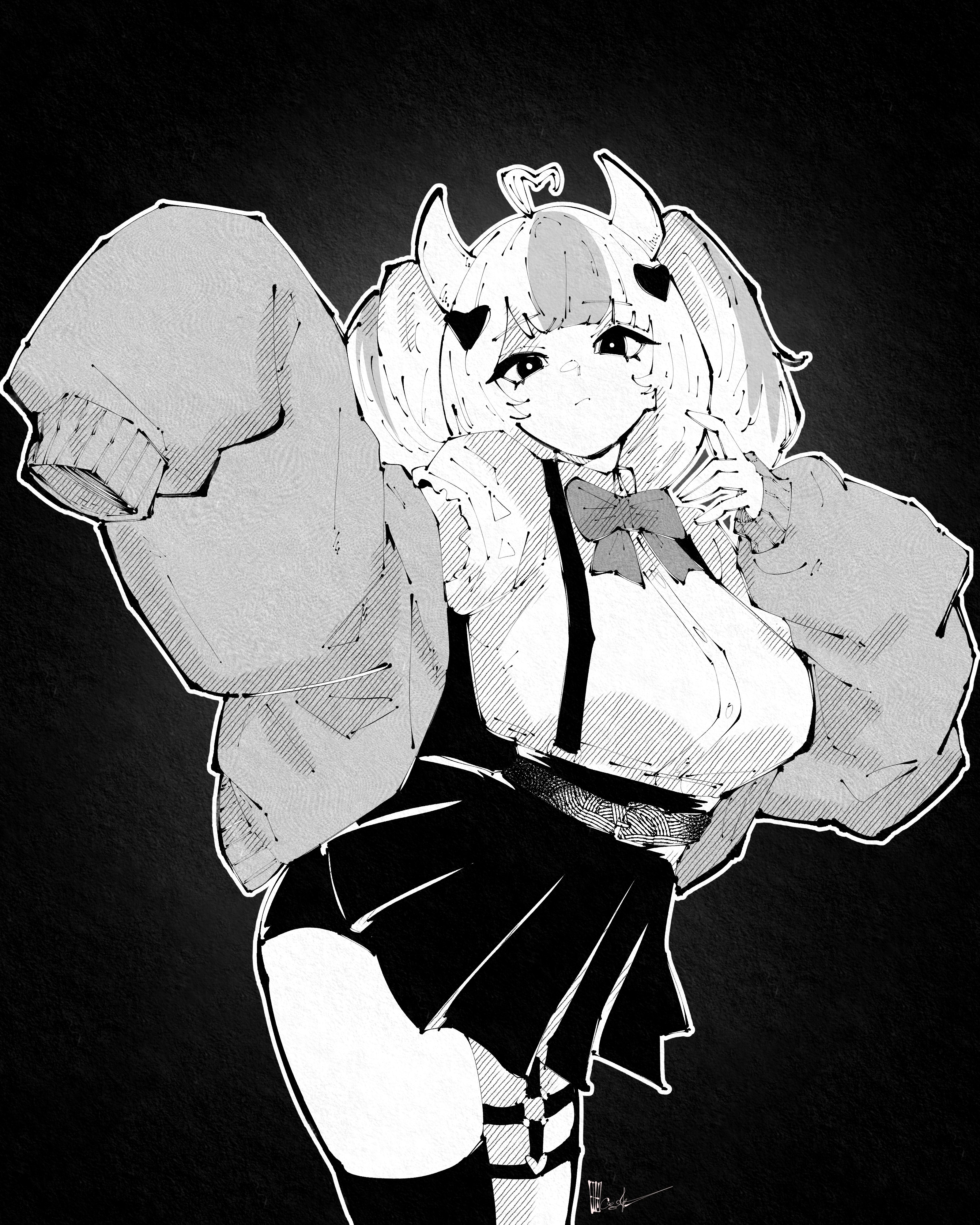 miregeist, ironmouse, indie virtual youtuber, absurdres, highres, 1girl, ahoge, arched back, black background, bow, bowtie, breasts, closed mouth, cowboy shot, demon girl, demon horns, greyscale, hair ornament, hatching (texture), heart, heart ahoge, heart hair ornament, horns, large breasts, linear hatching, long sleeves, looking at viewer, medium hair, miniskirt, monochrome, multicolored hair, parted bangs, shirt, skirt, solo, streaked hair, suspender skirt, suspenders, thigh strap, virtual youtuber, white background