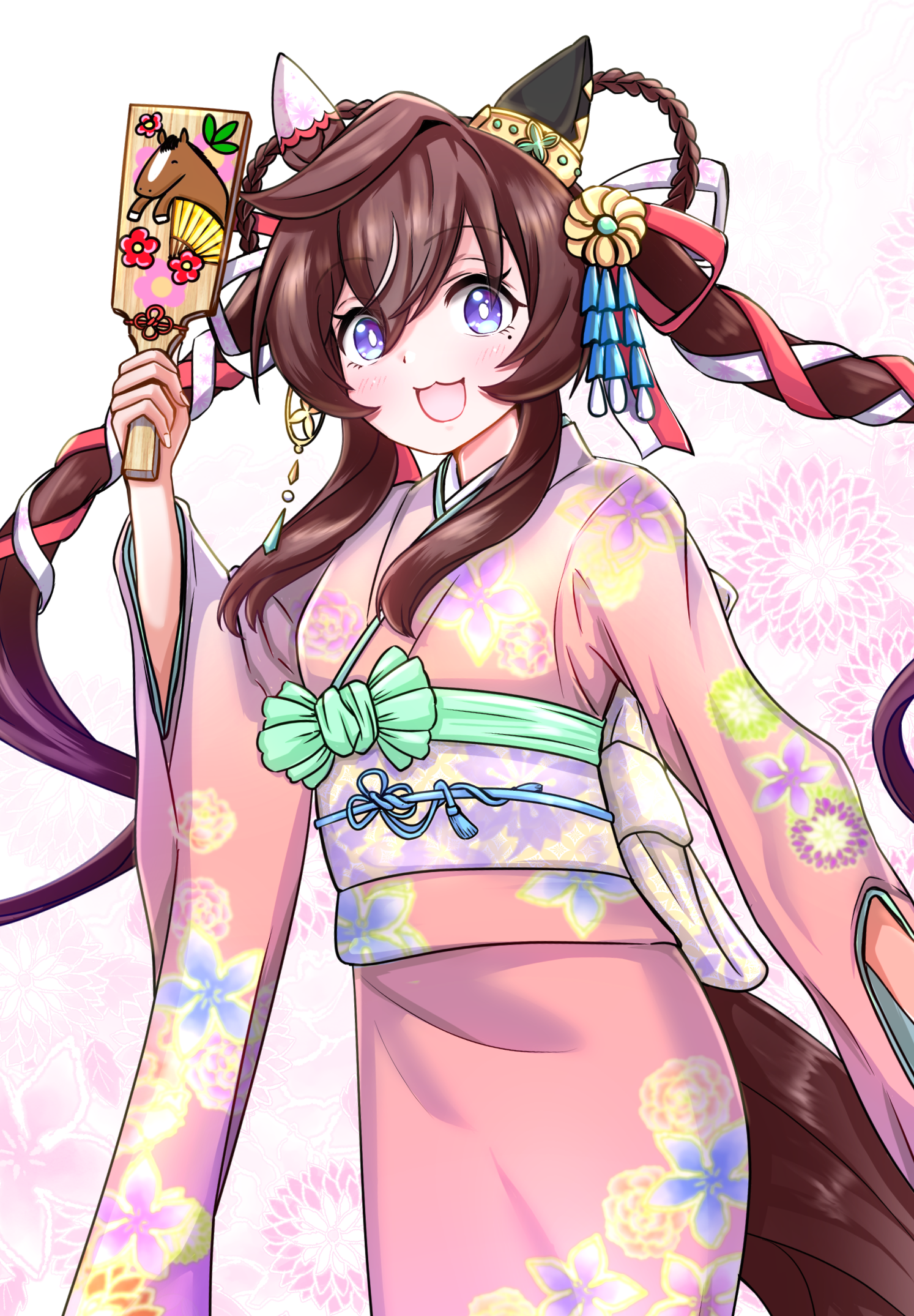 murasame ryuu, vivlos (umamusume), umamusume, highres, 1girl, :3, animal ears, blue eyes, blush, braid, braided hair rings, breasts, brown hair, ear covers, floral print, floral print kimono, hagoita, hair between eyes, hair rings, holding, holding paddle, horse ears, horse girl, horse tail, japanese clothes, kimono, long hair, looking at viewer, mismatched ear covers, mole, mole under eye, multicolored hair, obi, open mouth, paddle, pink kimono, print kimono, ribbon, sash, smile, solo, streaked hair, tail, twintails