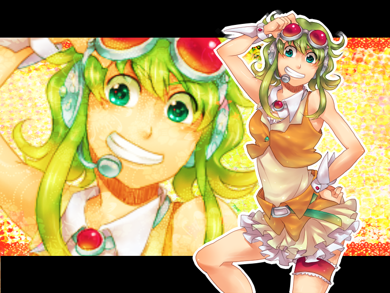 yoshian, gumi, vocaloid, 1girl, female focus, goggles, green eyes, green hair, headphones, headset, matching hair/eyes, midriff, short hair, skirt, smile, solo, wrist cuffs