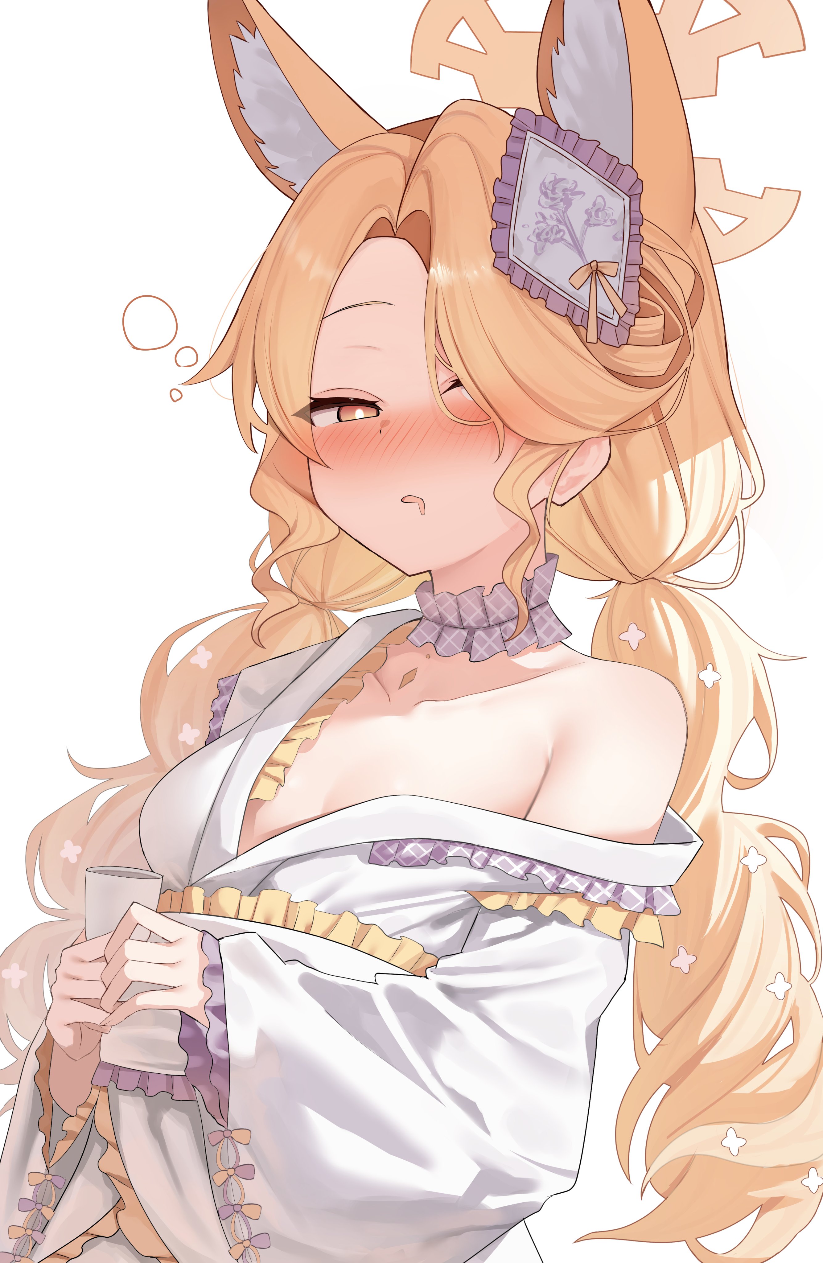 koba (kobako42), seia (blue archive), blue archive, absurdres, commentary request, highres, 1girl, alternate costume, animal ears, blonde hair, breasts, choker, cleavage, collarbone, fox ears, fox girl, hair over one eye, halo, japanese clothes, kimono, looking at viewer, low twintails, medium breasts, purple choker, simple background, single off shoulder, sleepy, small breasts, solo, twintails, white background, white kimono, yellow eyes, yellow halo