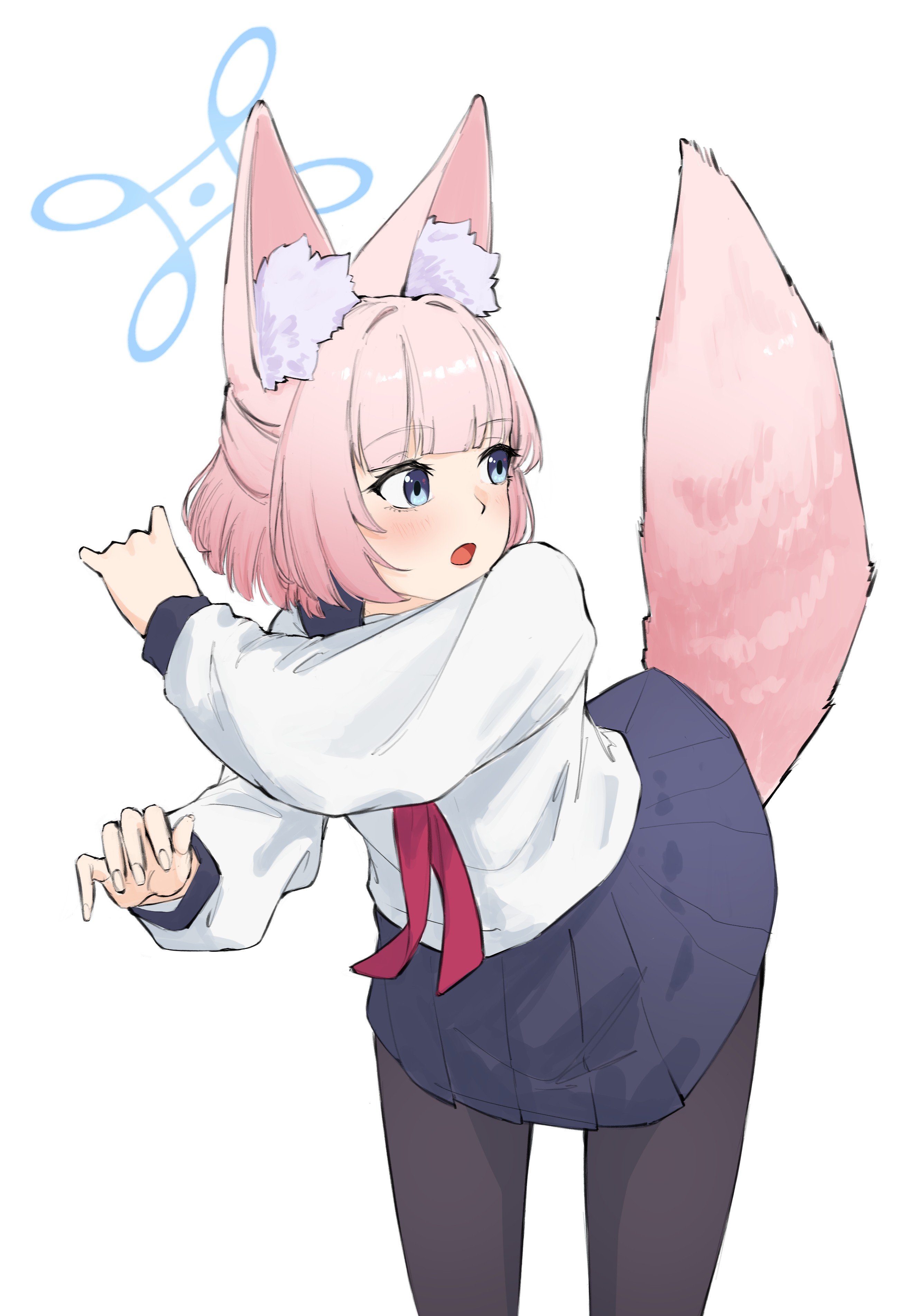 sueoki makura, niko (blue archive), blue archive, absurdres, commentary request, highres, 1girl, animal ear fluff, animal ears, black pantyhose, blue eyes, blue halo, blue skirt, blush, fox ears, fox girl, fox tail, halo, long sleeves, miniskirt, neckerchief, pantyhose, pink hair, pleated skirt, red neckerchief, sailor collar, school uniform, serafuku, simple background, skirt, solo, surprised, tail, white background