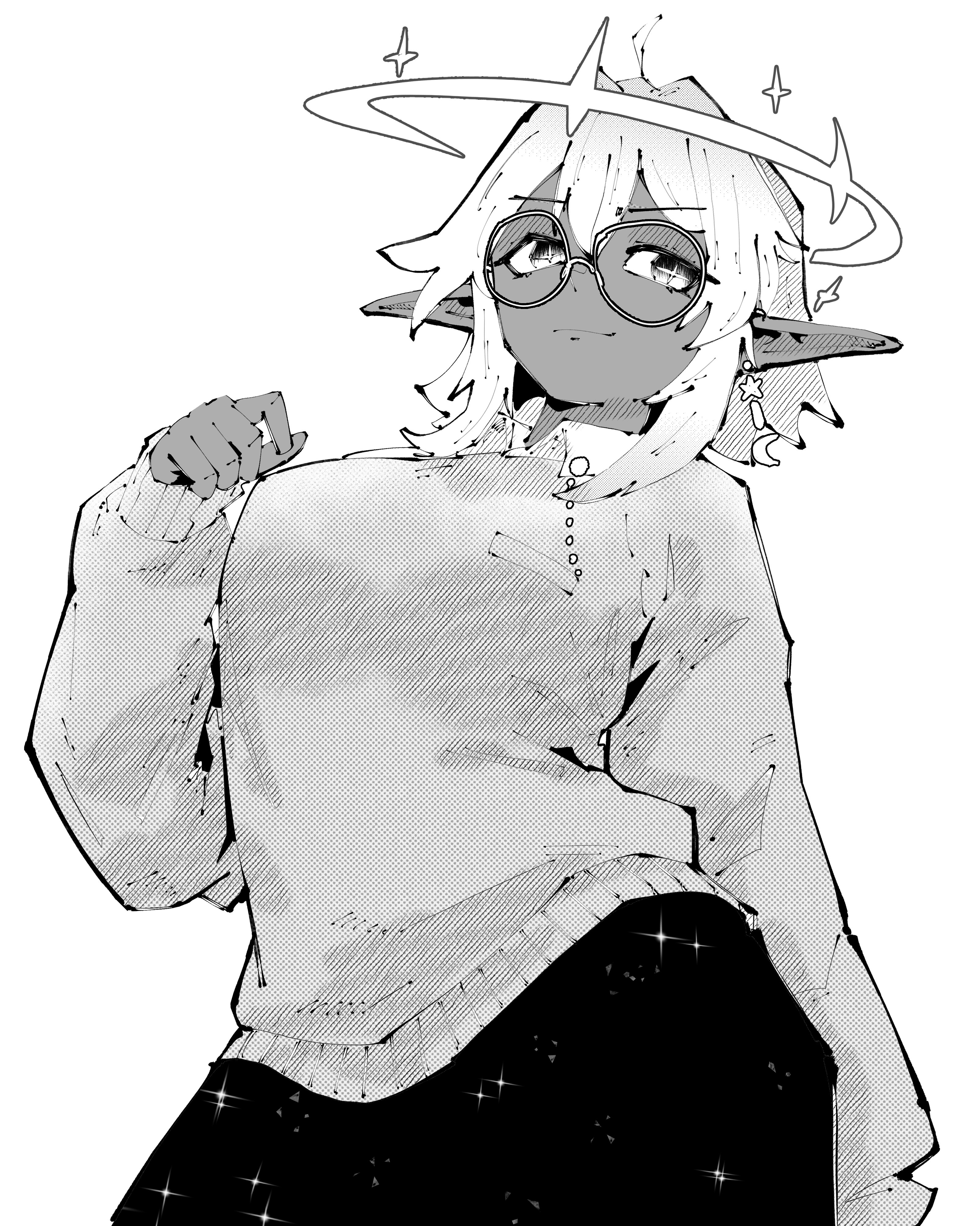 miregeist, original, absurdres, highres, + +, 1girl, ahoge, breasts, closed mouth, cowboy shot, double-parted bangs, earrings, greyscale, halo, hand up, jewelry, large breasts, long sleeves, looking at viewer, medium hair, monochrome, pants, pointy ears, print pants, simple background, smile, solo, starry sky print, sweater, white background