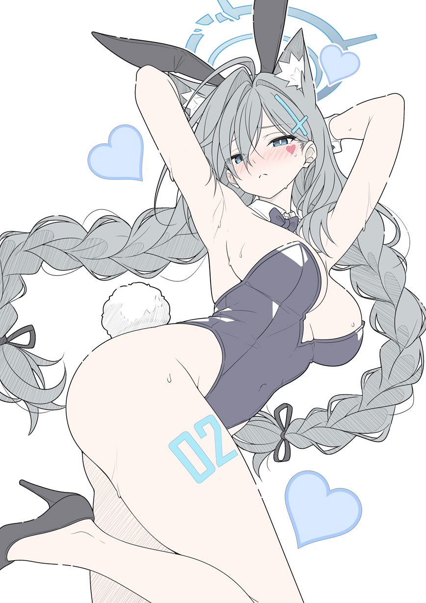 t1kosewad, shiroko terror (blue archive), blue archive, commentary, english commentary, highres, 1girl, alternate costume, alternate hairstyle, animal ear fluff, animal ear hairband, animal ears, armpits, arms behind head, black hairband, black leotard, black shoes, blue eyes, blue halo, braid, breasts, closed mouth, cross hair ornament, extra ears, facial tattoo, fake animal ears, fake tail, grey hair, hair between eyes, hair ornament, hairband, halo, heart, heart tattoo, high heels, highleg, highleg leotard, large breasts, leotard, long hair, looking at viewer, playboy bunny, rabbit ear hairband, rabbit ears, rabbit tail, shoes, solo, standing, standing on one leg, strapless, strapless leotard, sweat, tail, tattoo, twin braids, wolf ears, wolf girl