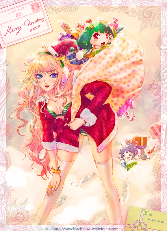 lilaccu, ranka lee, saotome alto, sheryl nome, macross, macross frontier, 00s, 1boy, 2009, 2girls, bikini, blonde hair, blue eyes, breasts, chibi, christmas, cleavage, earmuffs, leaning forward, medium breasts, multiple girls, santa bikini, santa costume, striped bikini, striped clothes, swimsuit, thighhighs