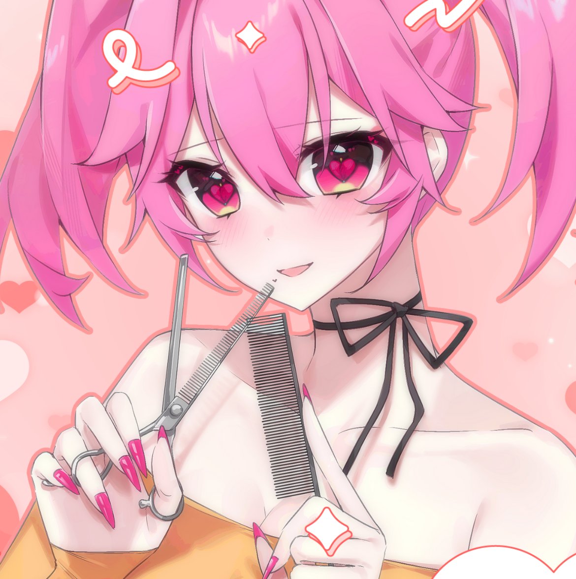 shiqila, commentary, english commentary, 1girl, angel, artliel, ashliel ailove, black choker, breasts, choker, comb, cupid, eyeshadow, facial mark, fingernails, gold headband, gradient eyes, heart, heart-shaped mole, heart-shaped pupils, heart facial mark, holding, holding scissors, large breasts, light blush, long fingernails, looking at viewer, makeup, mole, mole under mouth, multicolored eyes, pink hair, pink nails, ribbon choker, scissors, short twintails, solo, symbol-shaped pupils, twintails, vir2alverse, virtual youtuber
